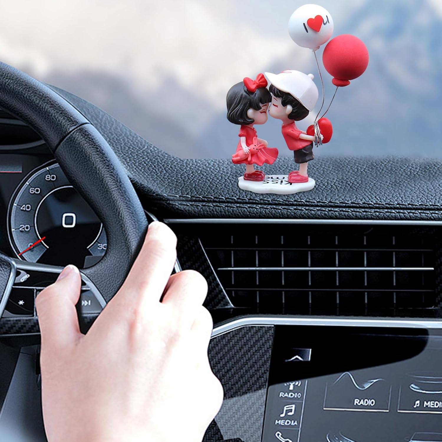 Car Dashboard Decorations, 2 Pairs Couple Cute Ornaments with Balloon Decor, Lovely Cartoon Car Decorations Interior for Car Home Office, Car Dashboard Accessories image 4