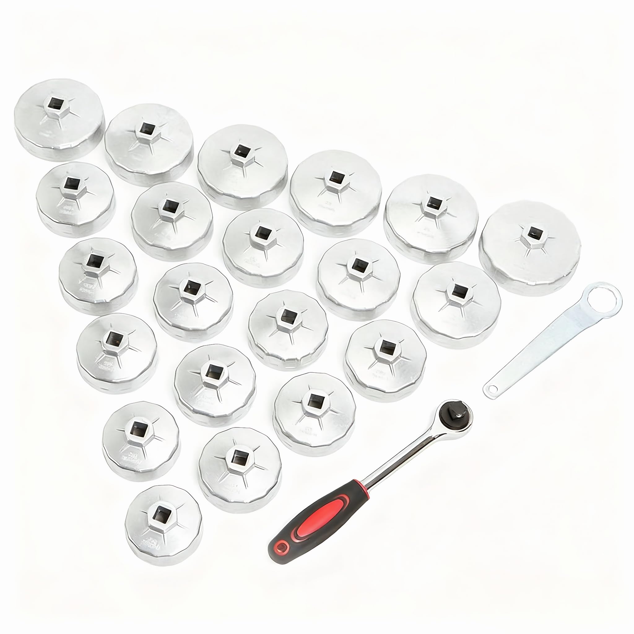 jianyana Juego de 23 llaves de filtro de aceite de 65 mm a 101 mm, enchufe de 1/2 pulgada con mango de trinquete, acero de aleación de alta calidad, resistente al óxido, ajuste universal para la