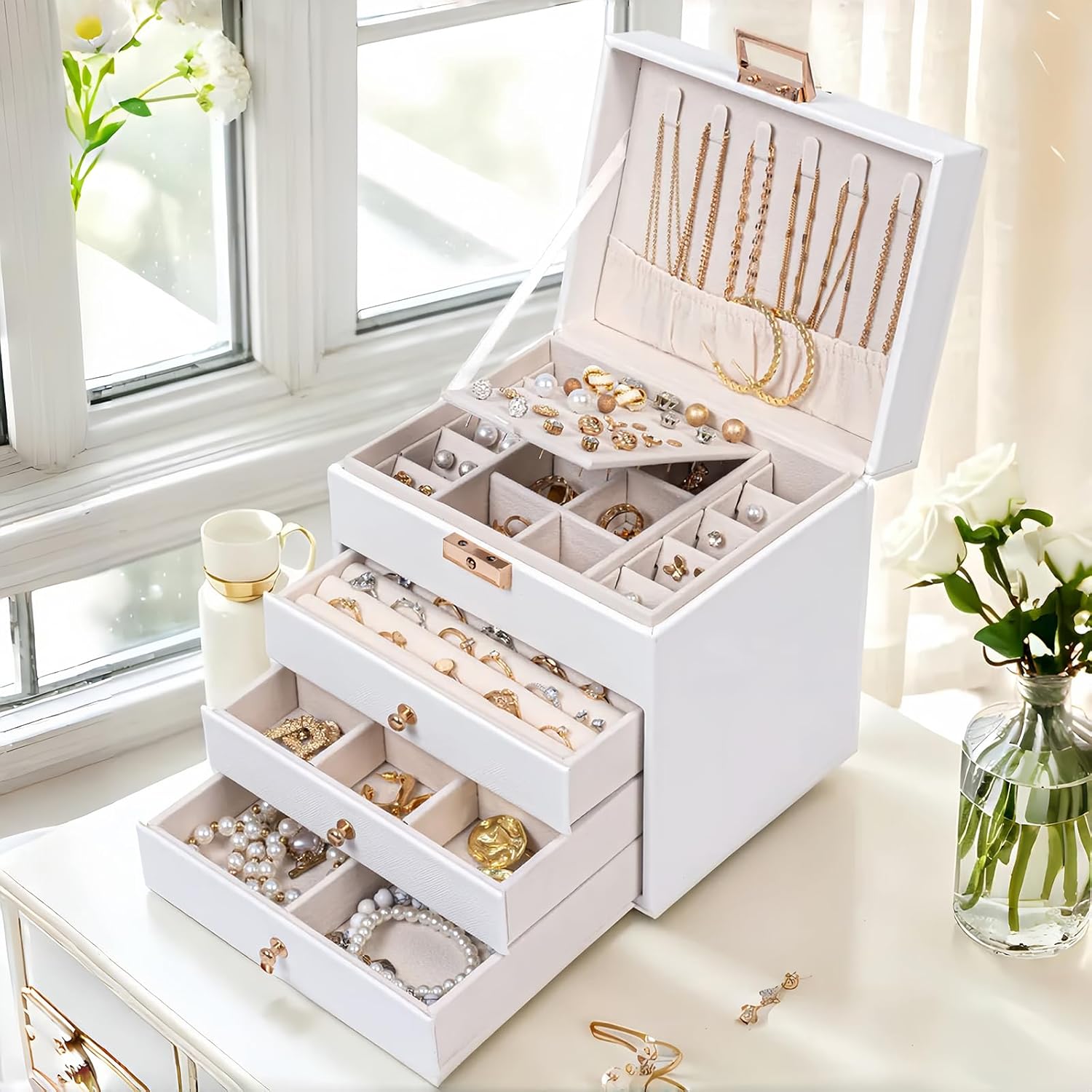 Leather Jewelry Box with Lock for Women, 4-Tier 3-Drawer...