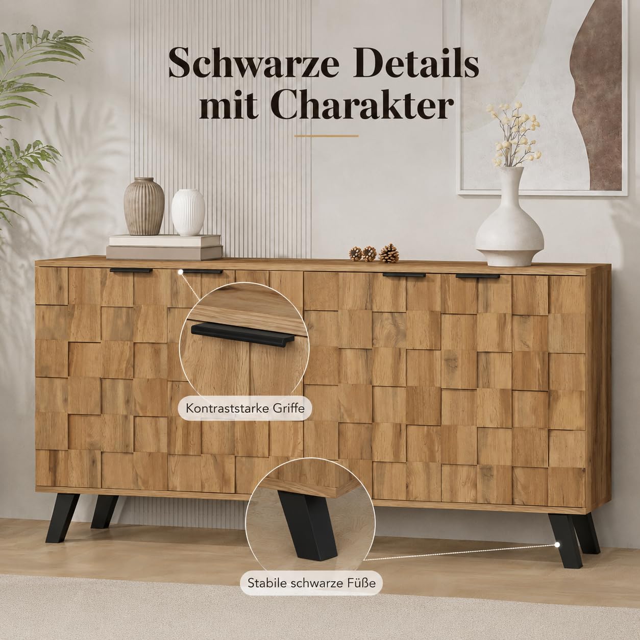 160 cm Aparadores para Salon con 2 Puertas, Aparador Cocina con Encimera, Armario de Almacenamiento para Salón Pasillo Cocina Sala, Color Natural, 160.5x35.5x78cm