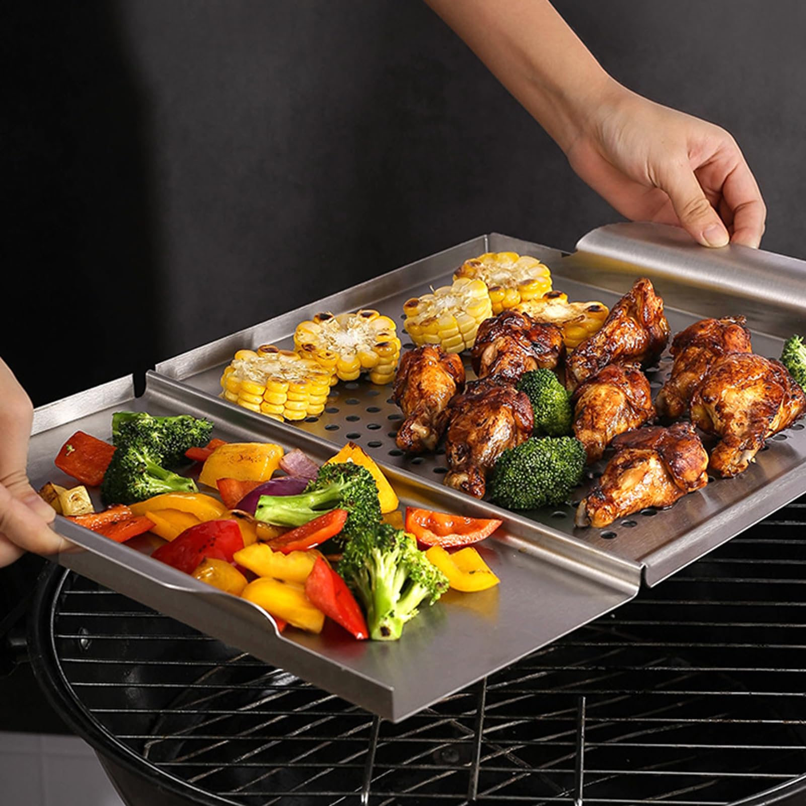 ACAREY Bandeja de barbacoa 2 en 1 de acero inoxidable, reutilizable, para barbacoa, camping y cocina, para barbacoa de gas y barbacoas de carbón, 45 x 30,7 cm