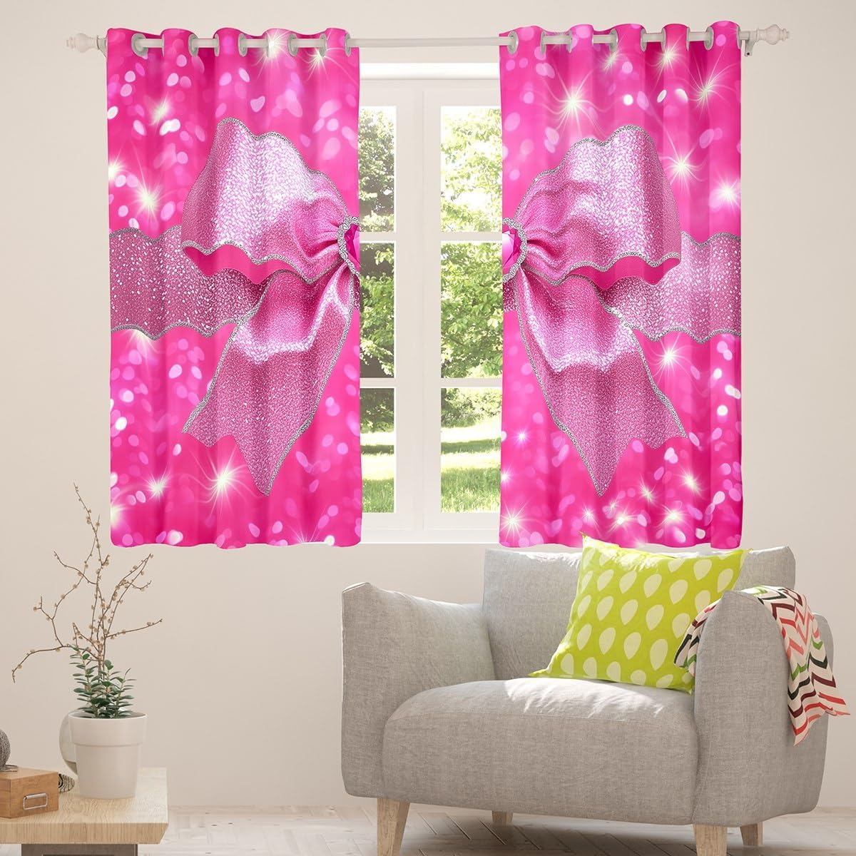 Manfei Princess Bow Curtains for Living Room,Fantasy Pink Sliver Sequins Starry Glitter Window Drapes Bedroom Blackout 30%-50%,Pink Bow Tie Fairy Tale Window Treatment 2 Panels,38Wx45L