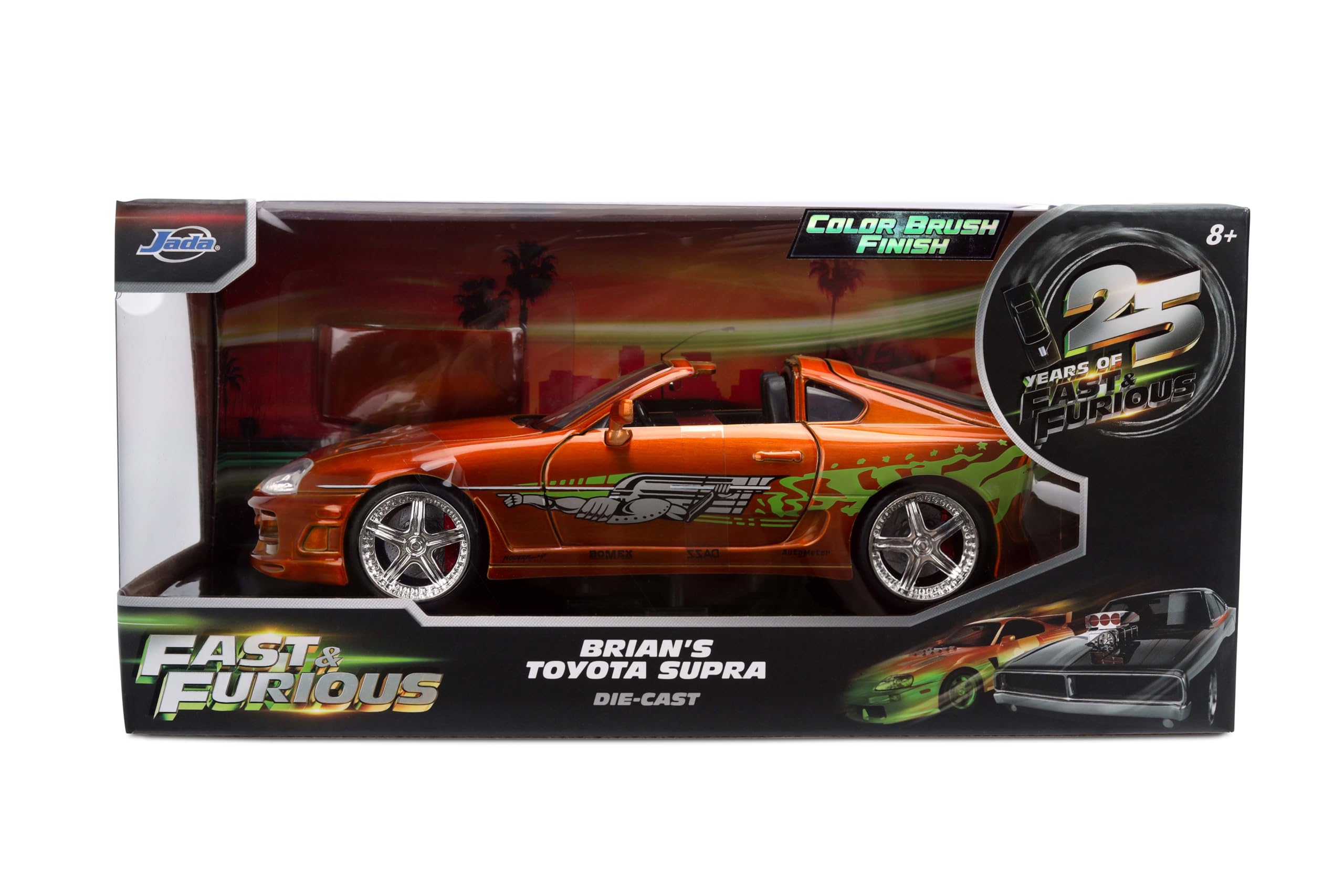 Modellino di auto pressofuso compatibile con Fast & Furious 25th Anniversary Edition 1:24 Brian's Toyota Supra in colore spazzolato di Jada