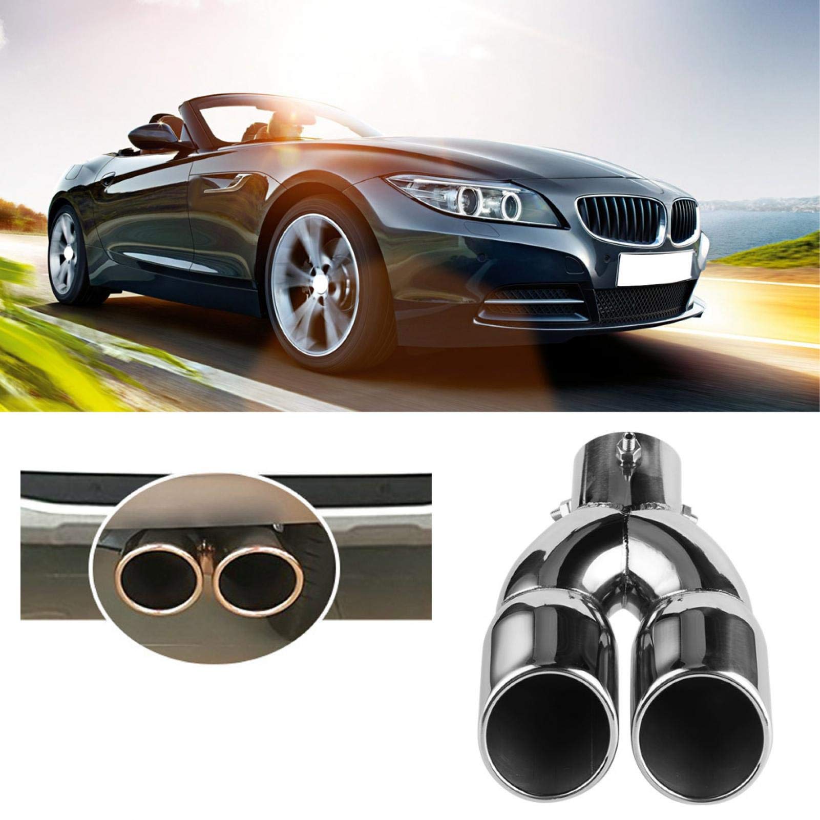 EBTOOLS pour embout echappement Tuyau D'échappement Tuyau de Voiture à Double Sortie D'échappement Silencieux en Acier inoxydable Conseils de Silencieux 63-76-220
