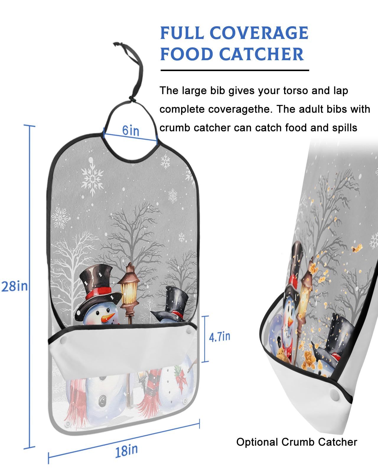 Grey Snowman Adult Bib for Adults Men, Women, Washable & Adjustable Terry Cloth Bib with Crumb Catcher Reusable Waterproof Clothing Clothes Protector Apron Christmas Forest Winter Tree Branch