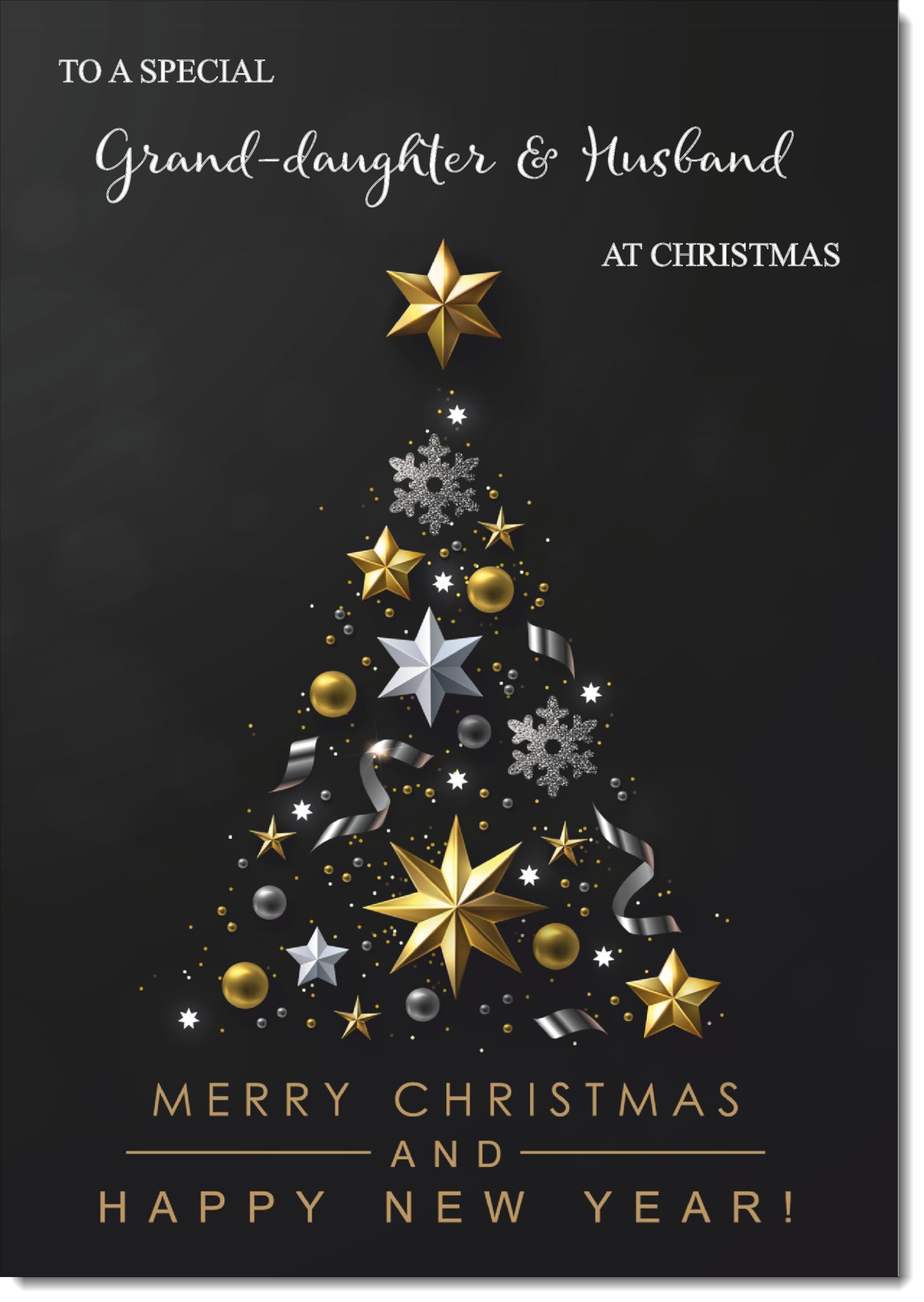 doodlecards Granddaughter and Husband Christmas Card Black Abstract Christmas Tree Large A4 Size Christmas Card for Granddaughter & Husband with Plain Envelope
