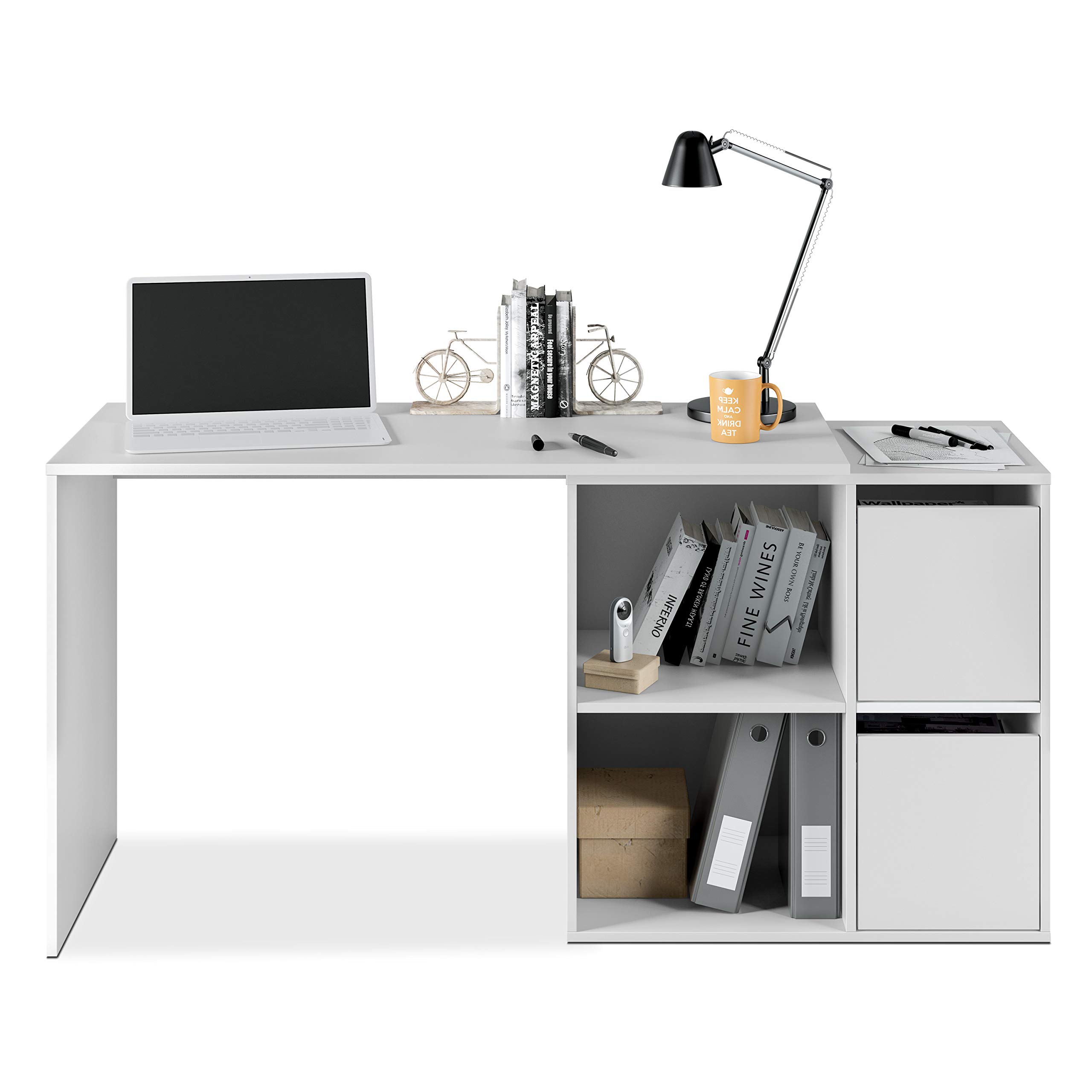 duehome | Escritorio, Mesa despacho Reversible, Mesa multiposición, Estudio, Modelo Spacio, Acabado en Blanco Artik, Medidas: 120 cm (Largo) x 77 cm (Fondo) x 74 cm (Alto)