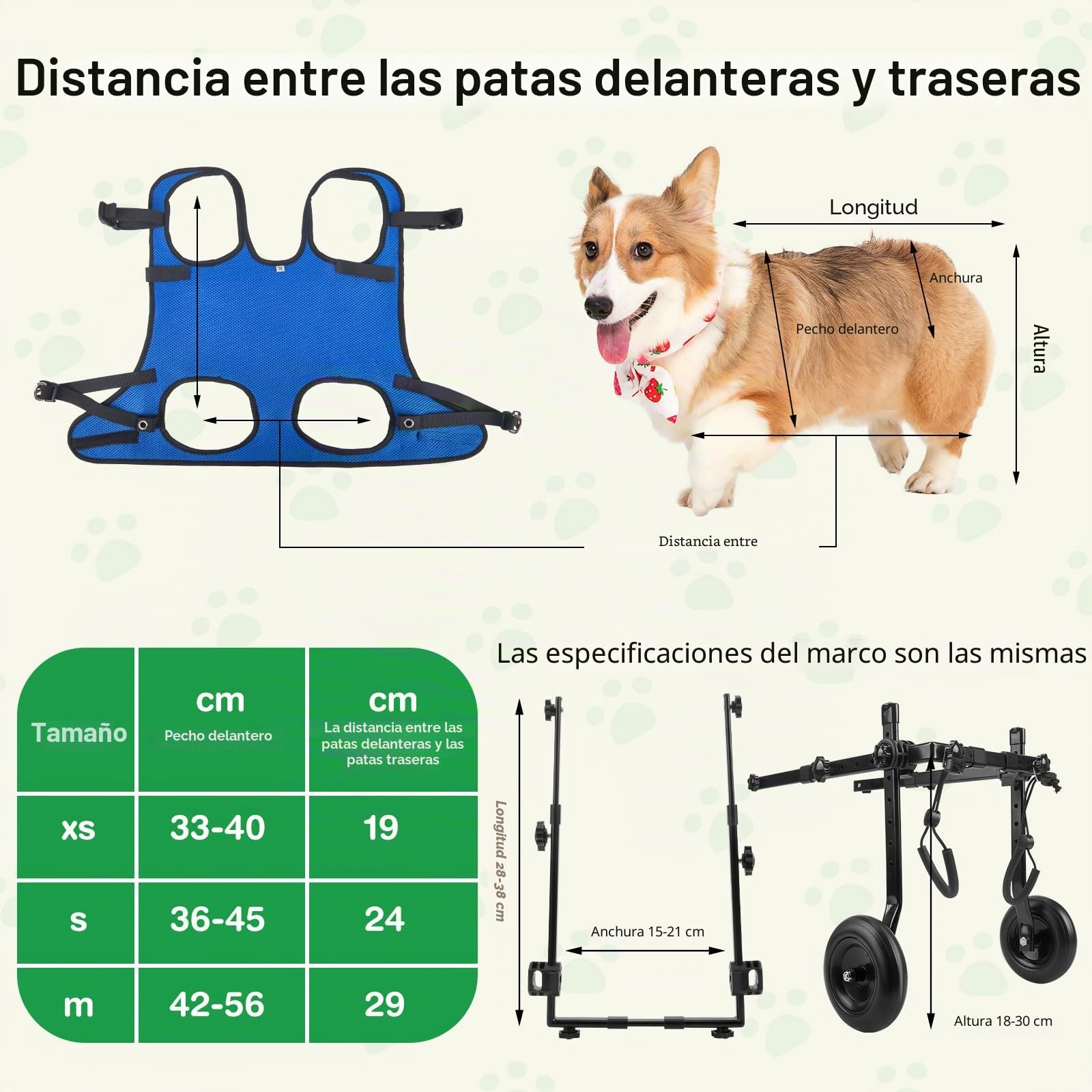 Silla de ruedas ajustable para mascotas pequeñas, plegable, con ruedas, tamaño M, ayuda de movilidad para patas traseras paralizadas (S)
