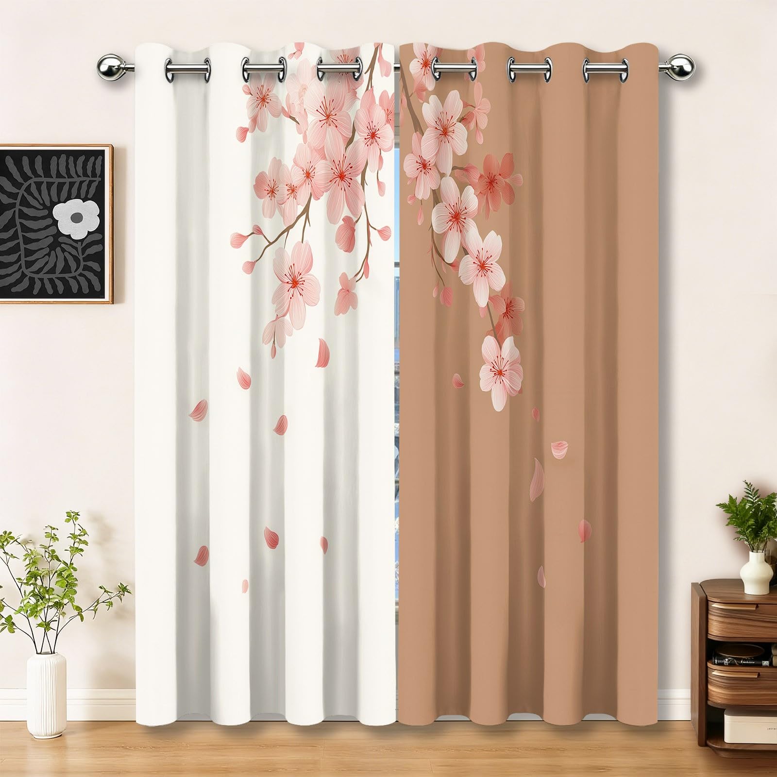 Eleganckie kwiaty wiśni, zasłony z oczkami 70 l x 240H cm (2 panele), nieprzezroczyste termoizolacyjne do drzwi okiennych, beżowo-brązowy