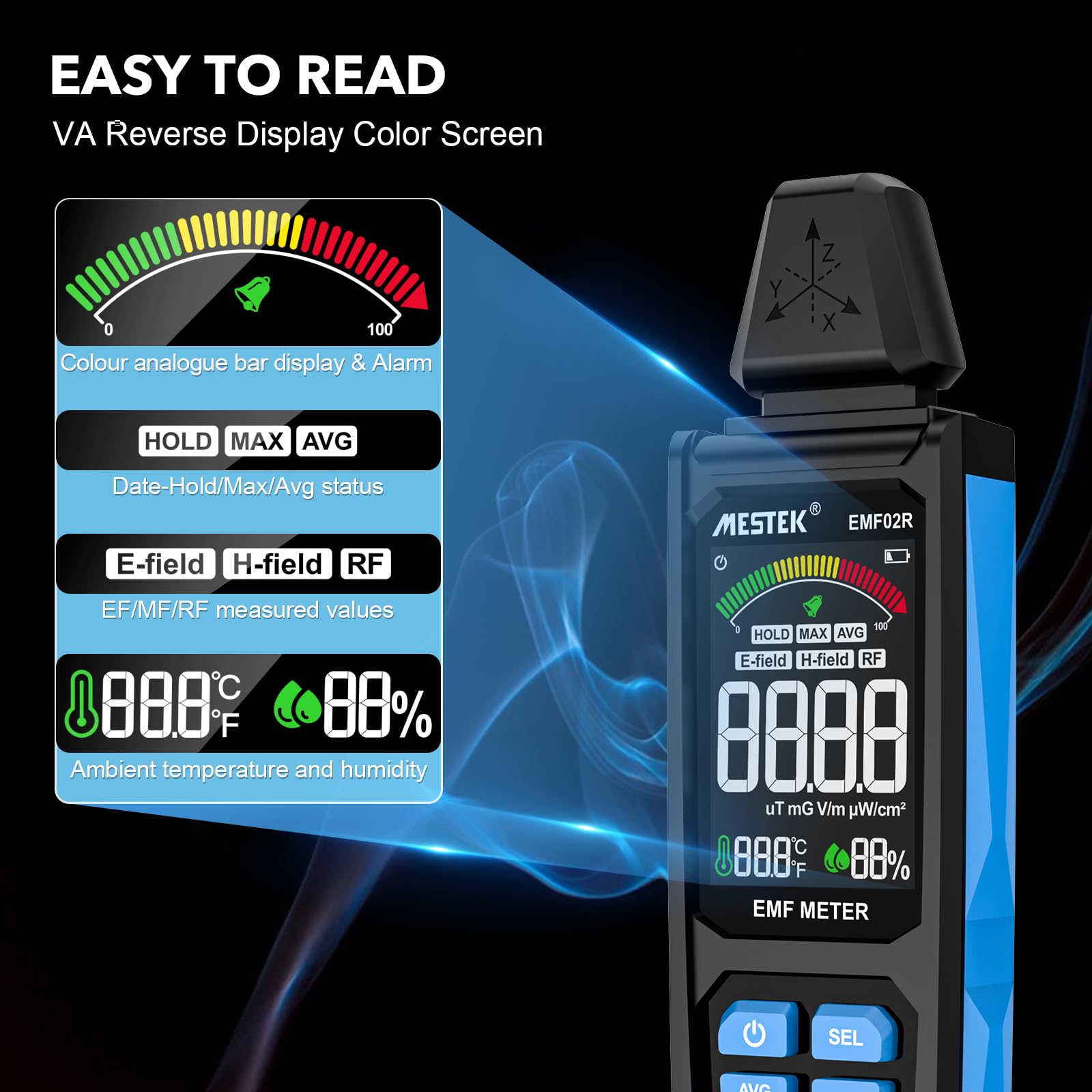 EMF Messgerät MESTEK 5-in-1 EF/MF/Radio-Frequenz EMF Meter, Elektromagnetische Felder Hochfrequenzfeld Strahlung Messgerät, mit Digitaler LCD Wiederaufladbarer für Zuhause, Büro und Outdoor