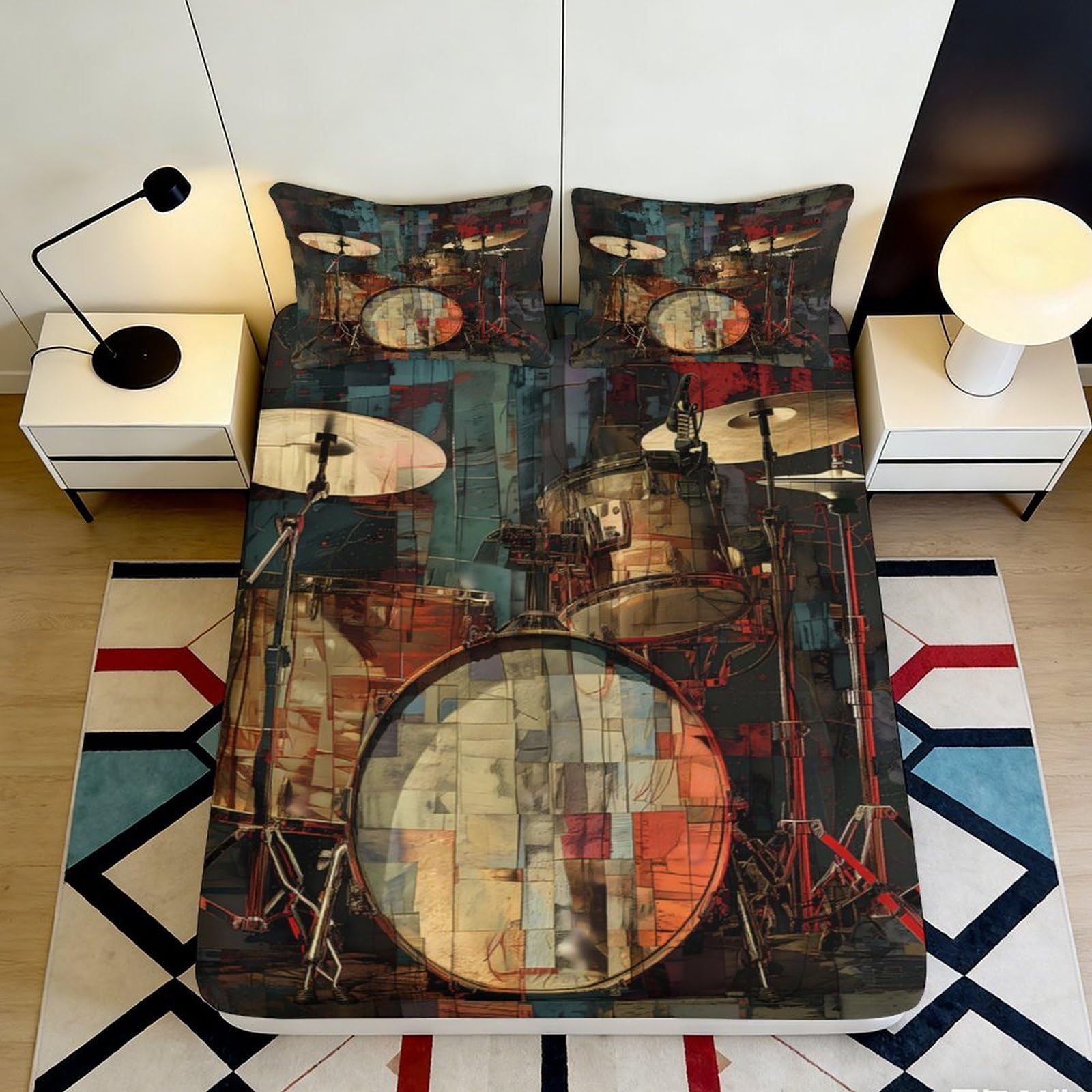 3D Printed Vintage Drum Set Fitted Sheet Microfiber Soft Durable Abstract Music Bed Cover for Bedroom Dormitory Guest Room Mattress Protection 90x200x25cm