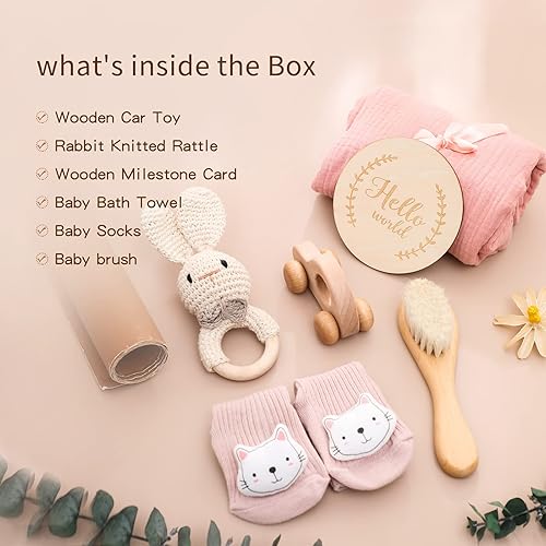 Miniatura 2 de Cesta de regalo para bebé recién nacido, regalos de ducha para niños y niñas con sonajeros de madera de conejo, juego de baño básico de 6 piezas con