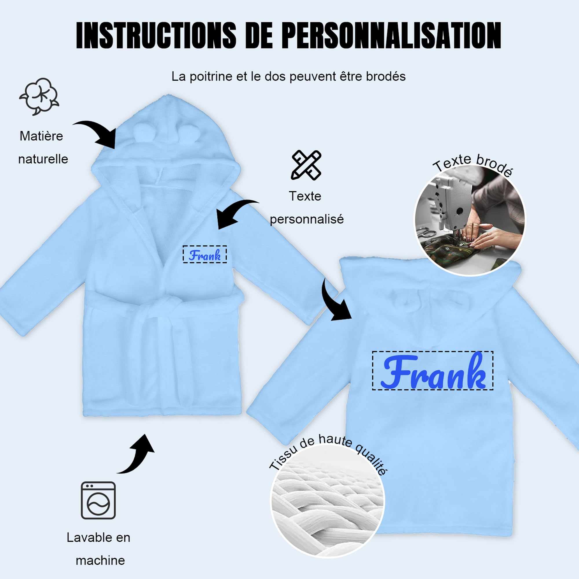 Peignoir Bébé Personnalisé avec Nom Brodé, Flanelle Douce, Cadeau Naissance