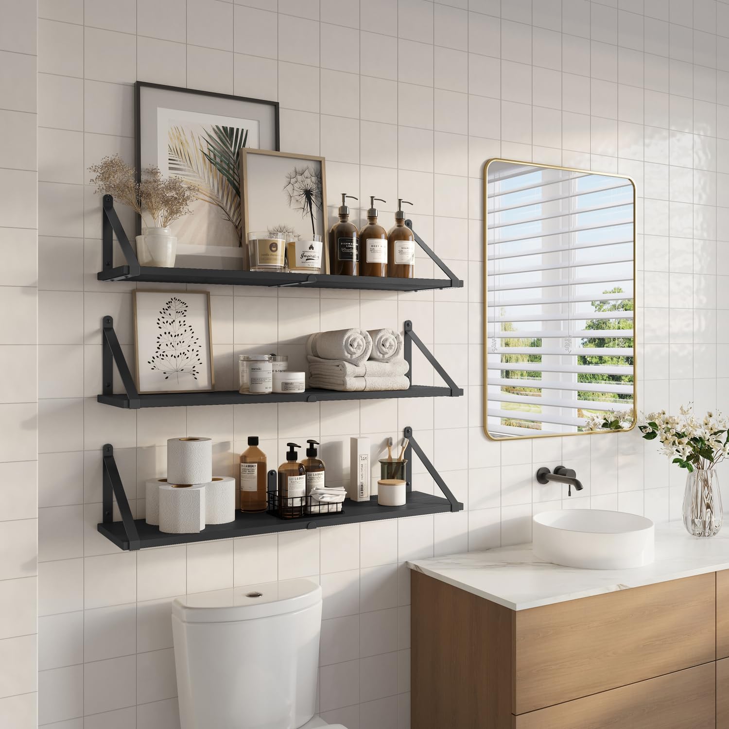 CASSA ZENO Estantes Flotantes de Pared para Libros Juego de 3, Estante de 80cm x 20cm para Dormitorio Sala de Estar Oficina Baño Cocina Madera Rústica con Soporte de Metal (Negro)