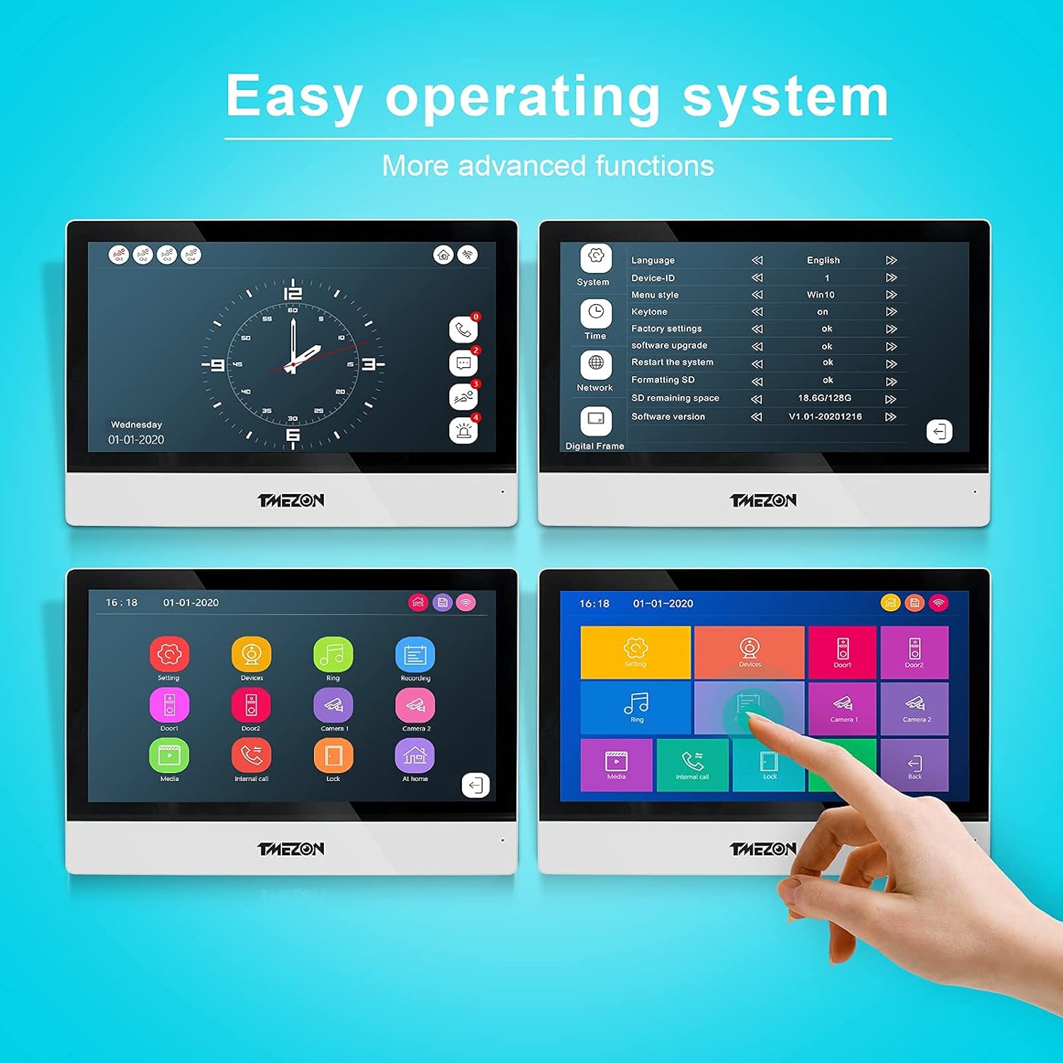 Screenshots of the TMEZON IP Monitor's user interface, showing various icons for settings, devices, ringtones, recording, door control, media, internal call, and lock functions.