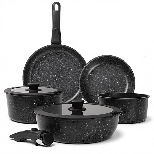 Black Pots and Pans Set Non Stick Removable Handle Ceramic Cookware Set Nonstick 9Pcs Dishwasher Oven Safe RV Kitchen Cooking Set Stackable Induction Cookware (Black, 9Pcs)