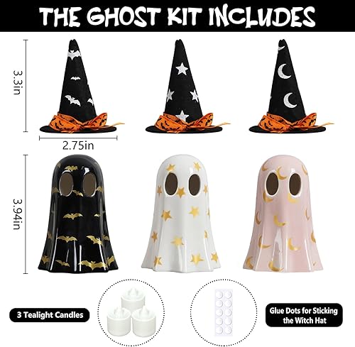 Miniatura 4 de DAZONGE Decoración de Halloween para interiores, juego de 3 fantasmas de cerámica con sombreros de bruja, bonitas figuras de fantasmas espeluznantes