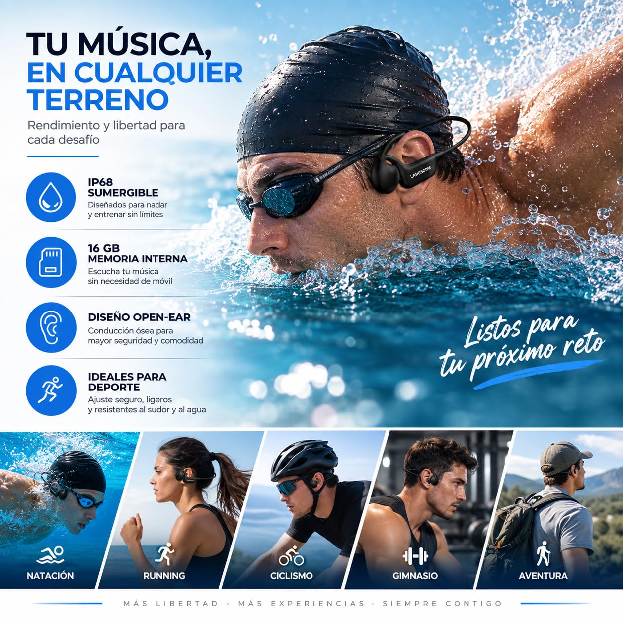 Auricolari a conduzione ossea subacquea, Bluetooth 5.4, IP68, 16, con memoria interna da 16 GB e microfono HD, 12 ore di autonomia, USB-C