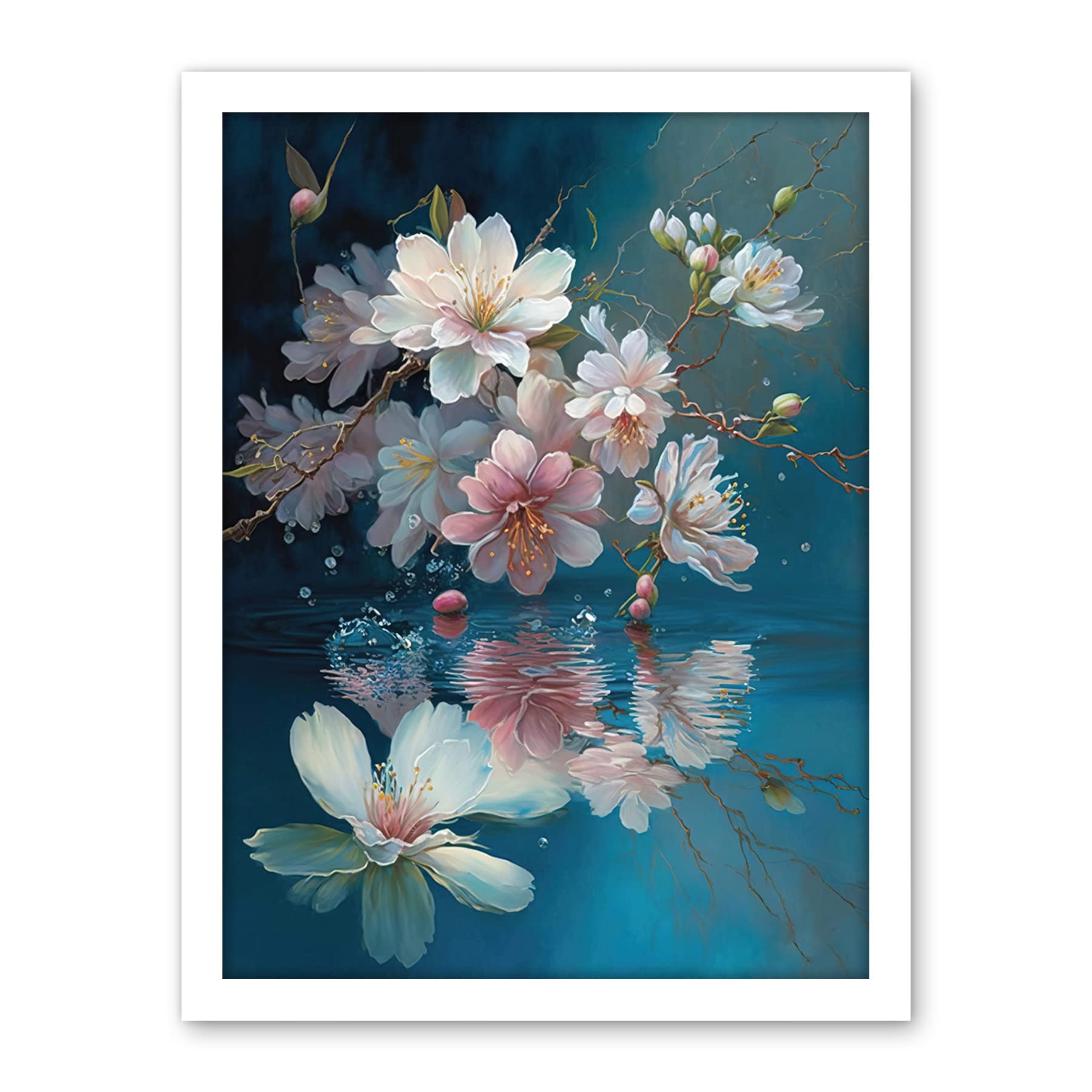 Artery8 Cherry Blossom Branch Dancing Over Water Modern Watercolour Painting Artwork Framed Wall Art Print 18X24 Inch