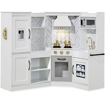 Best Choice Products Pretend Play Corner Kitchen, Ultimate Interactive Wooden Kids Playset w/Lights & Sounds, Ice Maker, Hood - White