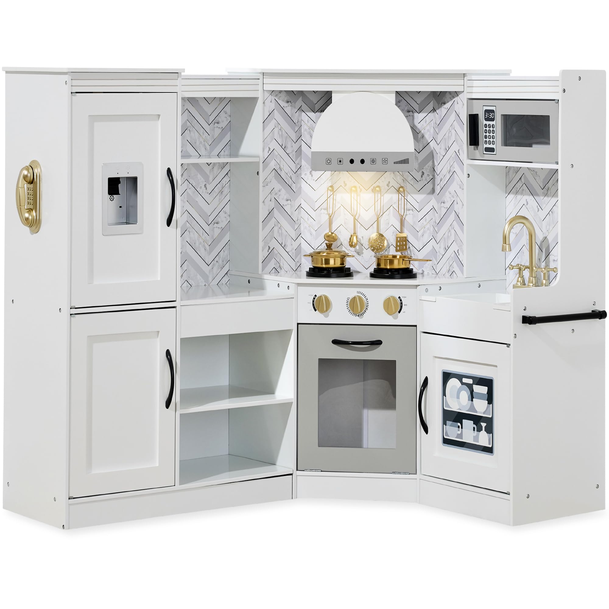 Best Choice Products Pretend Play Corner Kitchen, Ultimate Interactive Wooden Kids Playset w/Lights & Sounds, Ice Maker, Hood - White