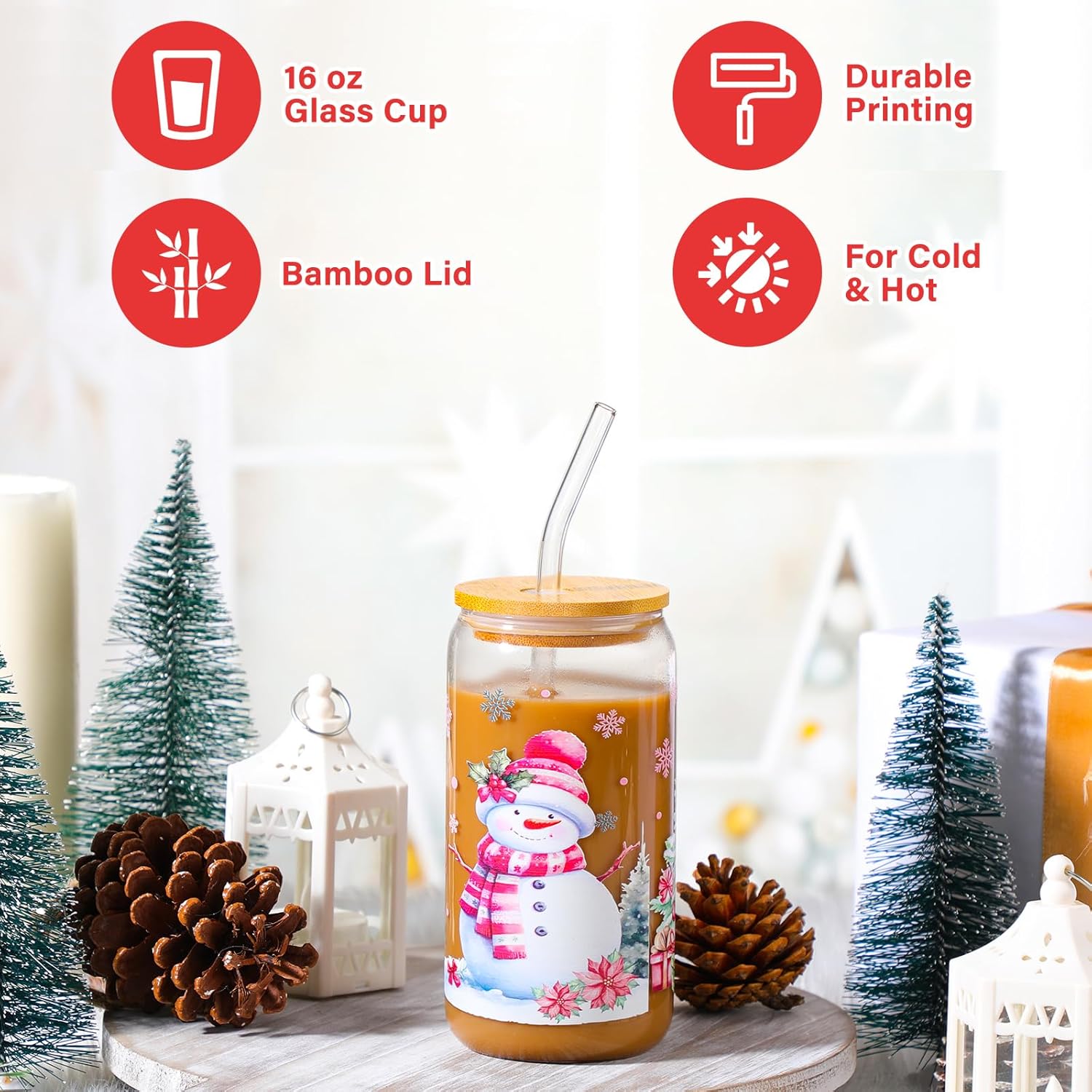 Uiifan 6 Pcs Christmas Glass Cups 16 oz Christmas Drinking Glasses with Lids Brush and Straws Pink Christmas Iced Coffee Cups Christmas Appreciation Gifts for Xmas Birthday Women Kids Party Favor - Image 3