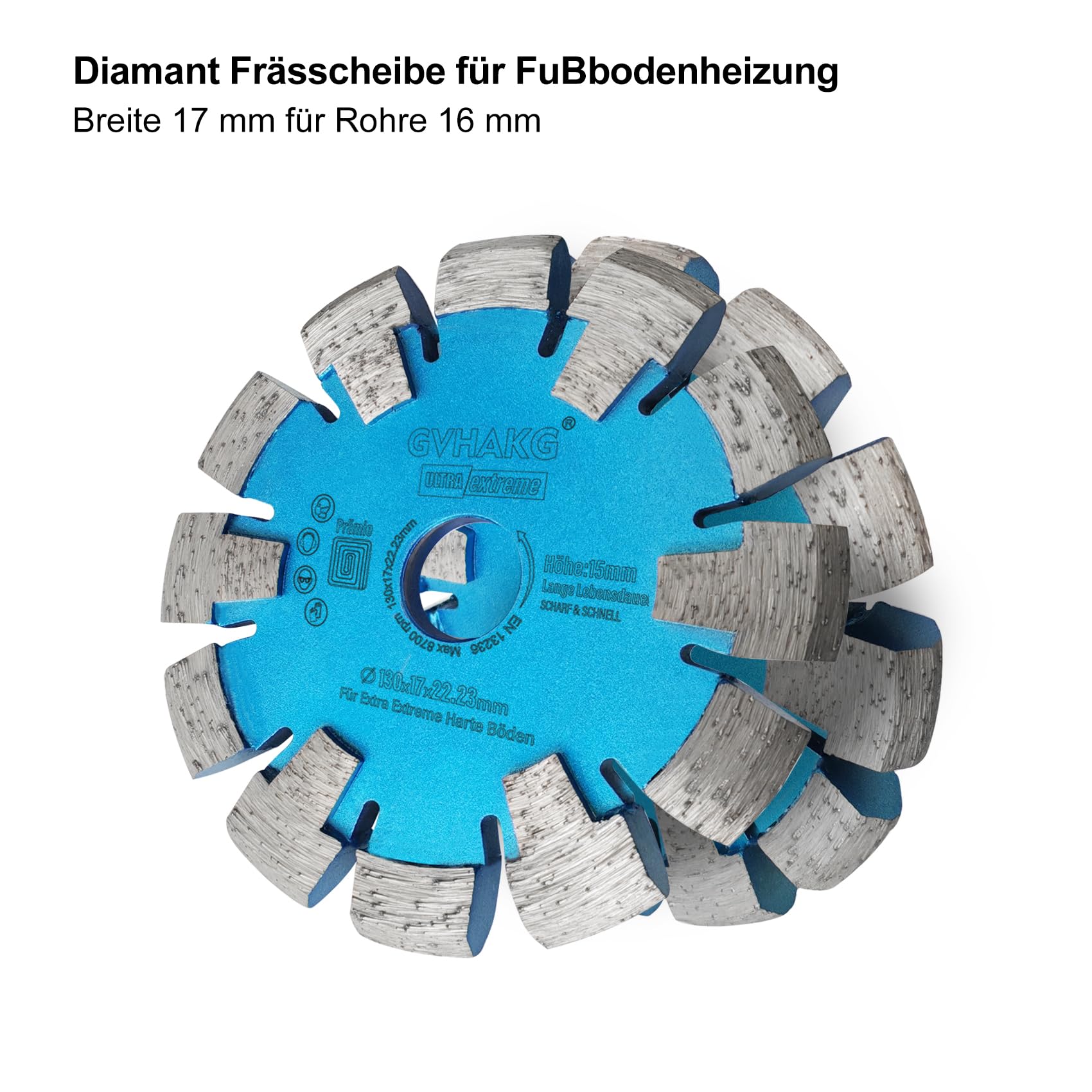 Disco de fresado de diamante de 130 mm, 17 mm para calefacción por suelo radiante, suelos de hormigón extra duros y distancia, altura de segmento de 15 mm, corte seco premium (130 x 17 x 15 x