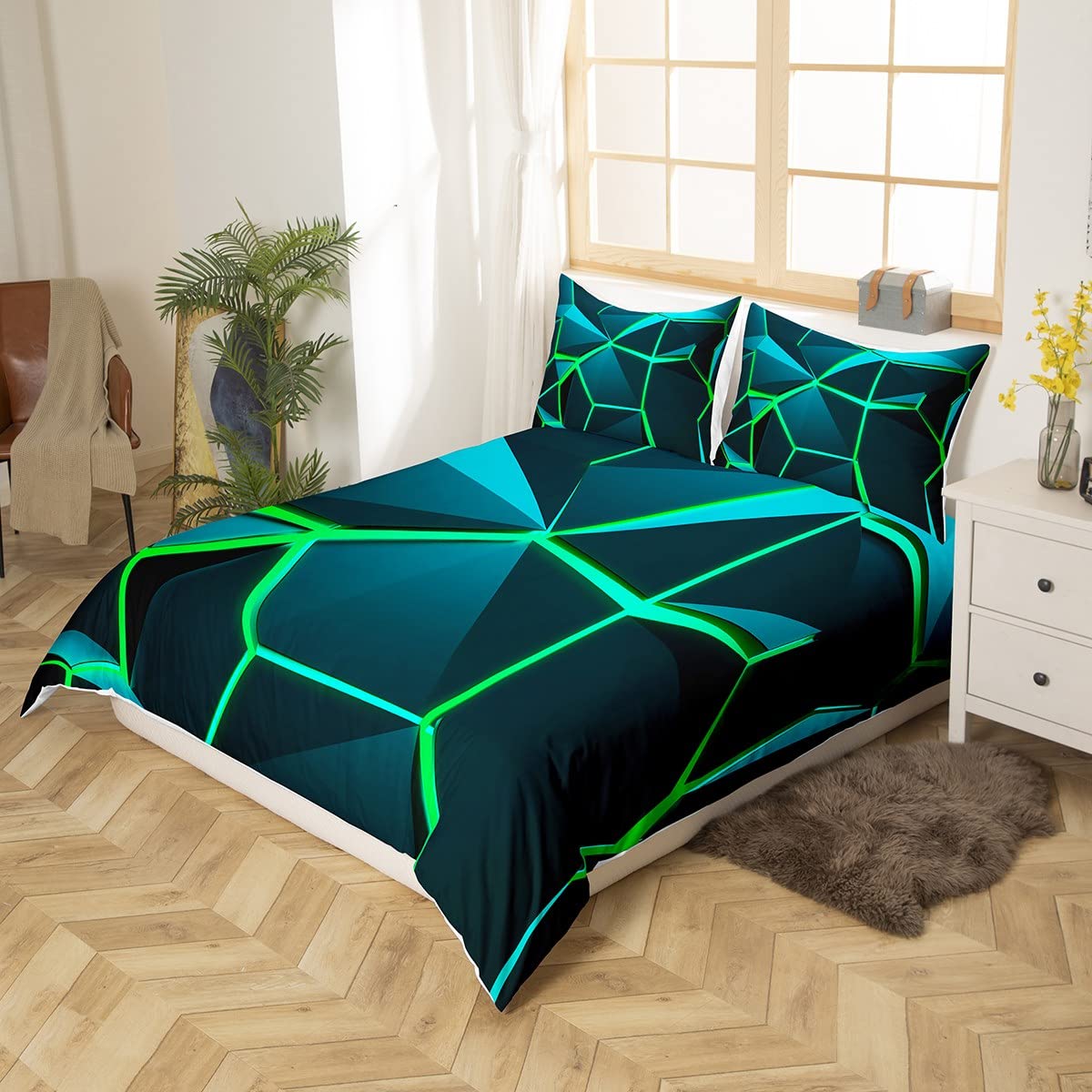 Loussiesd Blue Green Hexagon Comforter Cover Stereoscopic Honeycomb Bedding Set for Kids Beehive Duvet Cover Geometric Honeycomb Bedspread Cover Simplistic Room Decor Bedclothes Single Boys - Image 4
