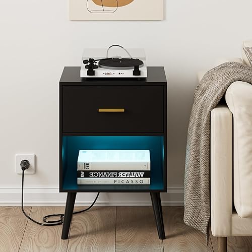 Miniatura 3 de Aobafuir Mesita de noche con estación de carga y luces LED, mesa auxiliar pequeña, mesita de noche con cajón, mesita de noche moderna, mesa auxiliar
