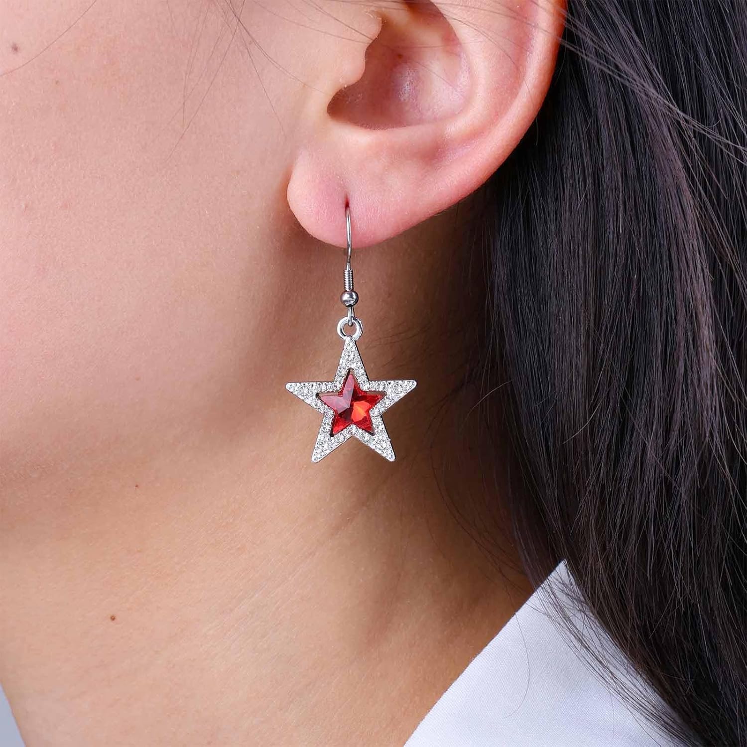 Crystal Star Dangle Earrings Silver Rhinestone Star Earrings Red Ruby Drop Earrings Sparkly Cz Large Star Earrings Vintage Star Hook Earrings - Image 5