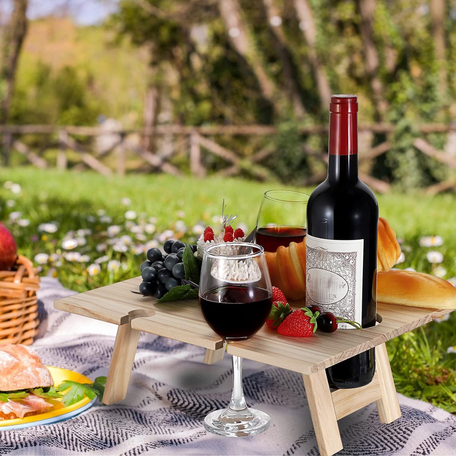 UBeesize Portable Wine Picnic Table with 1 Bottle Holder+4 Glass Holders, Natural Wood Picnic Table,Small Bed Tray, Foldable Picnic Table for Beach,Camping,Lightweight,11.8 x 13.4 in : Everything Else