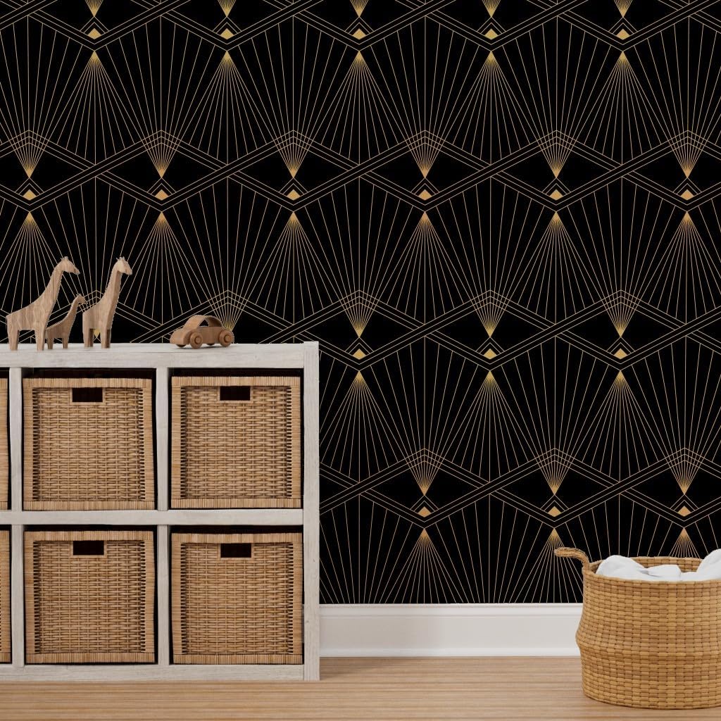 Spoonflower Removable Wallpaper 6ft x 2ft - Art Deco Black Gold Geometric Lines Vintage Roaring 20s Custom Pre-Pasted Wallpaper