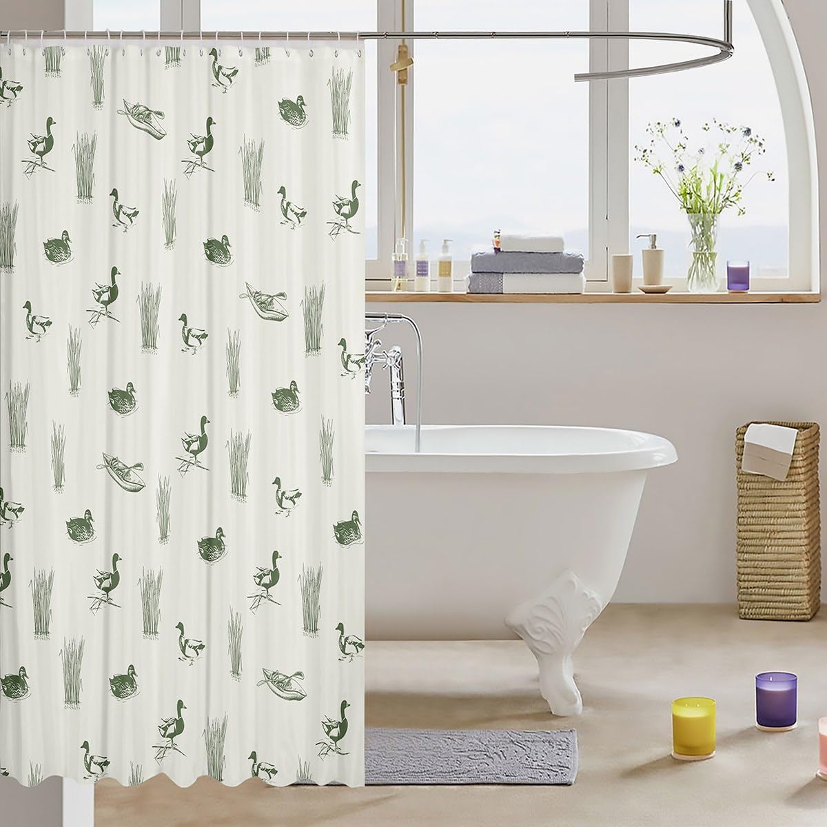 Wild Duck Shower Curtain Lake House Hunting Theme Bathroom Curtain,Green Rustic Animals Plants Print Waterproof Curtain Kids Teens Men Room Decor Lake Boat Fishing Bath Curtain,12 Hooks,72" Wx78 L