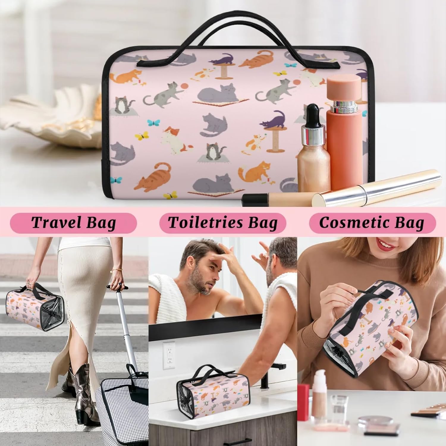 Hanging Roll Up Makeup Bag, Cosmetic Bag for Women, Cute Cats Travel Folding Toiletry Bag with 4 Removable Compartments, for Storing Cosmetics, Toiletries, Personal Care Products
