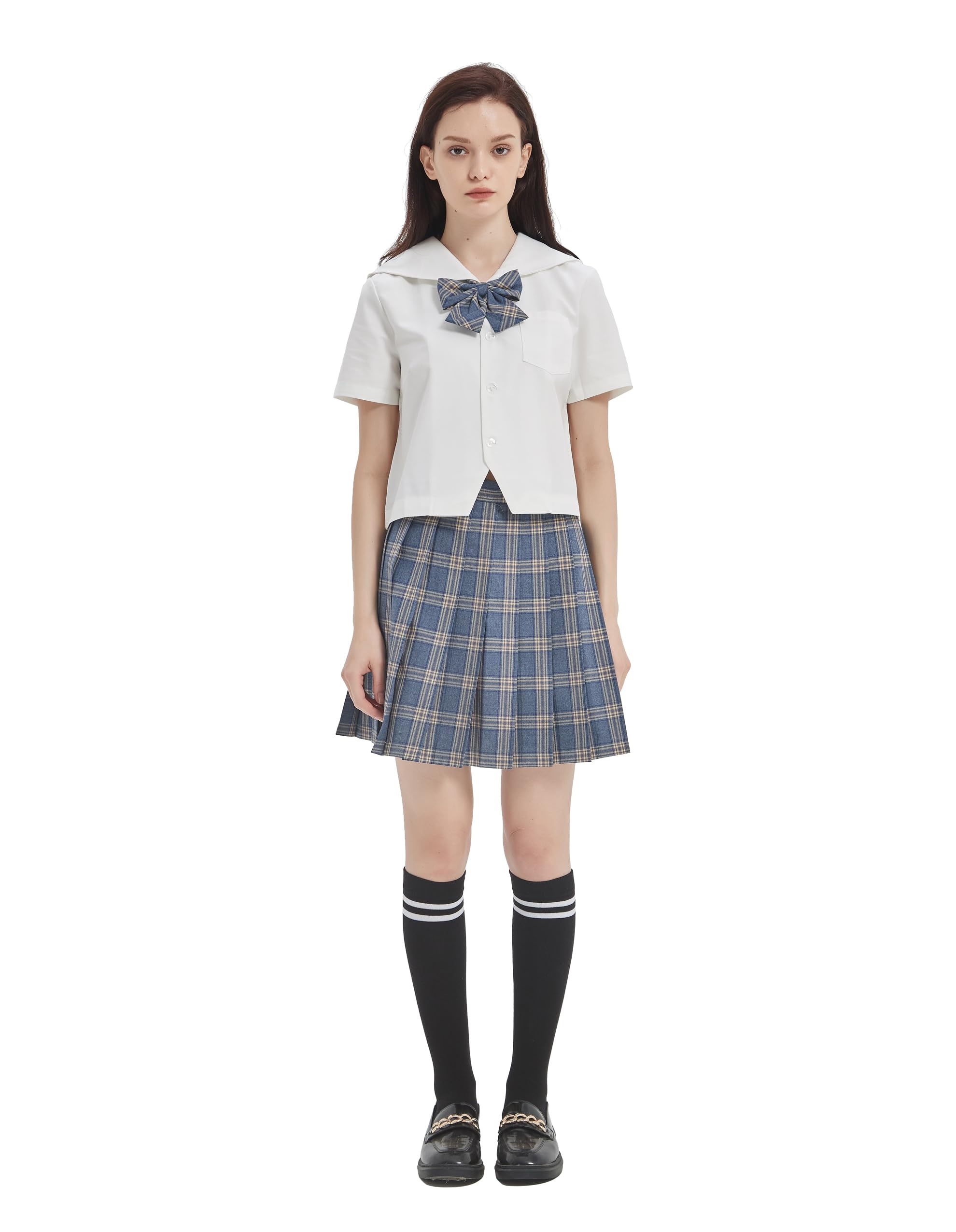 DRGE Mujeres Traje de Uniforme JK para Niñas Uniforme Escolar Japonés Falda Plisada Corta a Cuadros de Cintura Alta y Camisa con Calcetines de Pantorrilla