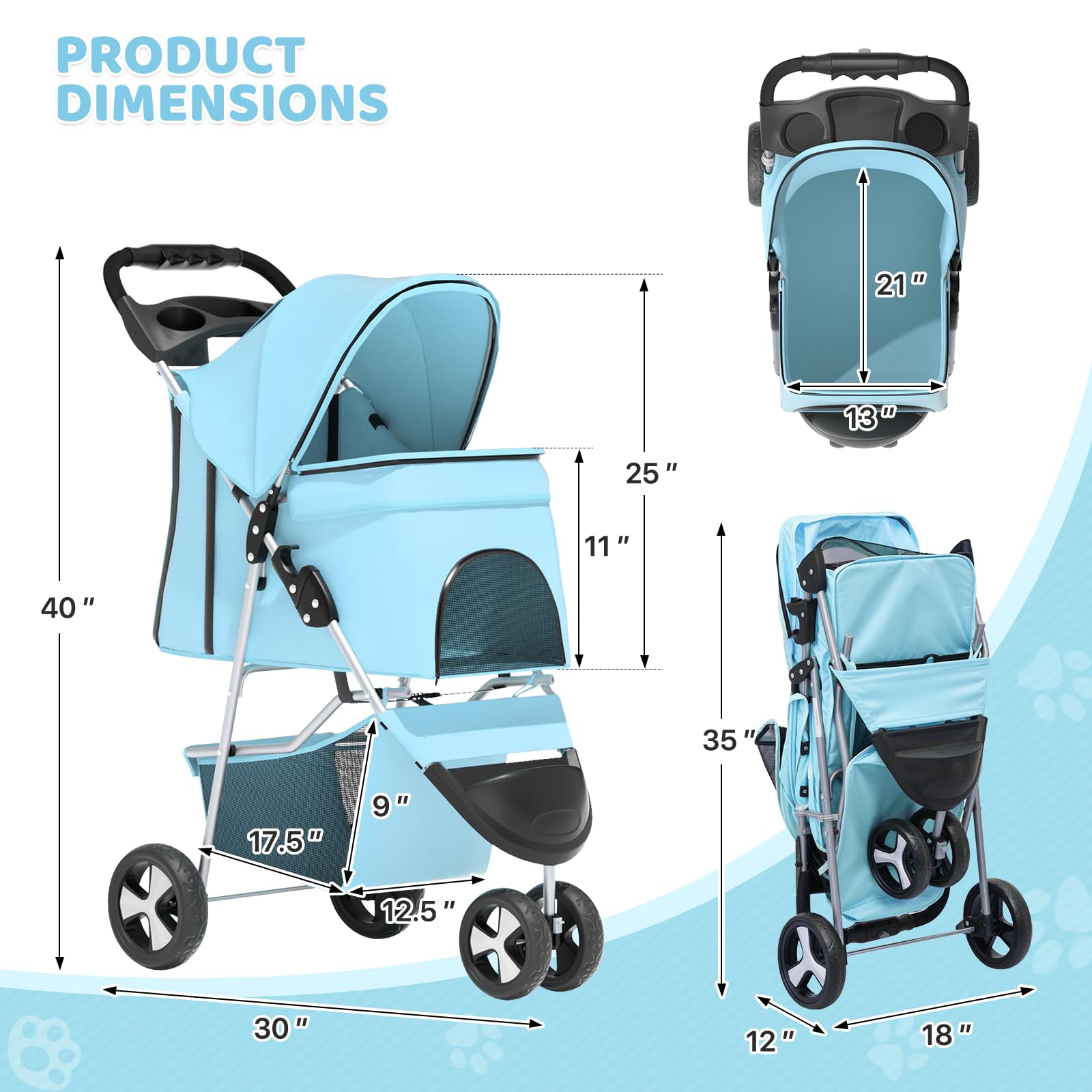 Magshion 3-Wheel Pet Stroller, Foldable Travel Jogger for Small & Medium Dogs & Cats (Up to 33lbs), Lightweight Carrier with Breathable Mesh Cover, Cup Holder & Storage Basket, Mint Green