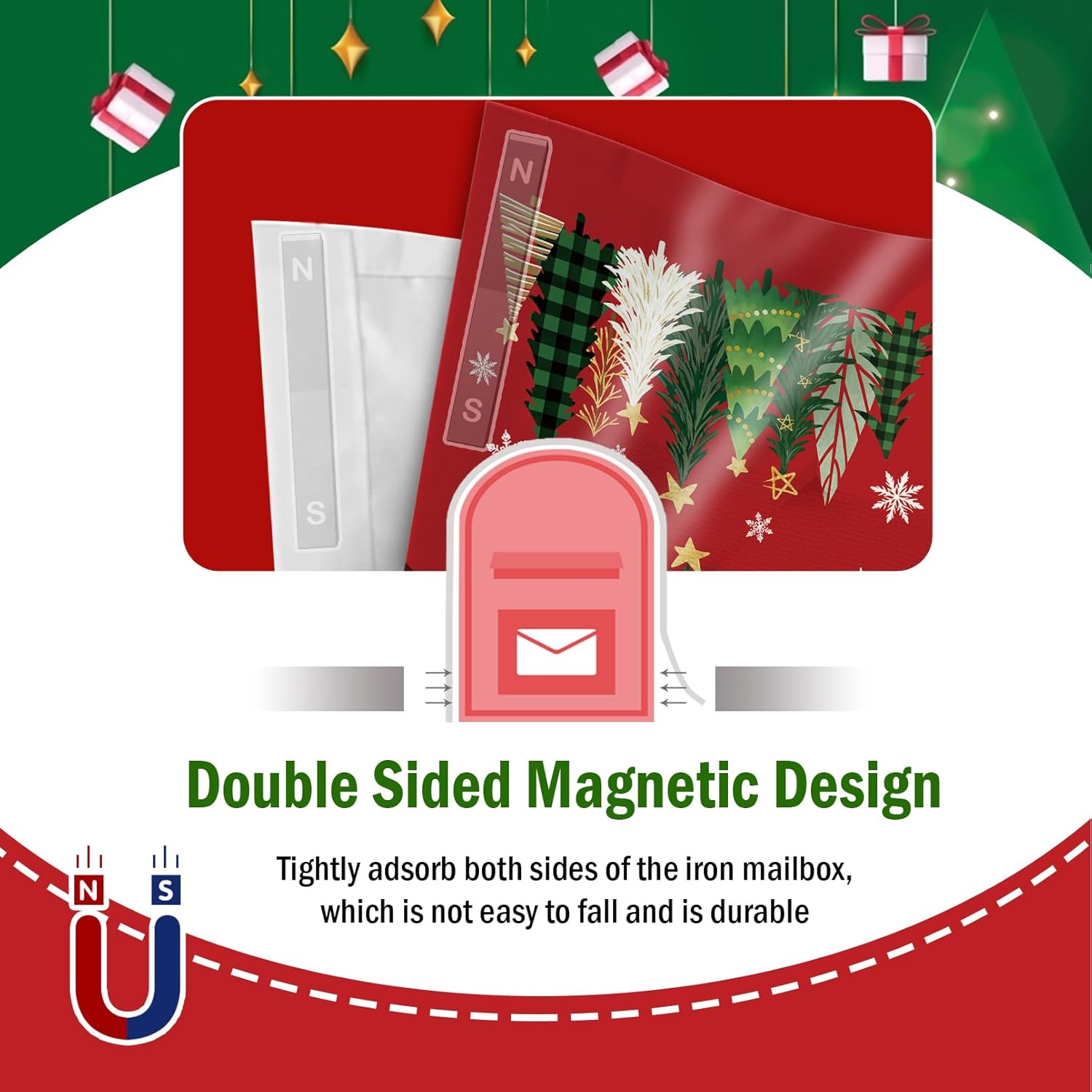 Christmas Tree Red Mailbox Cover Magnetic Standard Size 20.5" x 18", Xmas Pine Trees Decorative Post Letter Box Wrap Decor, Winter Holiday Snowflake Garden Yard Outdoor Decoration
