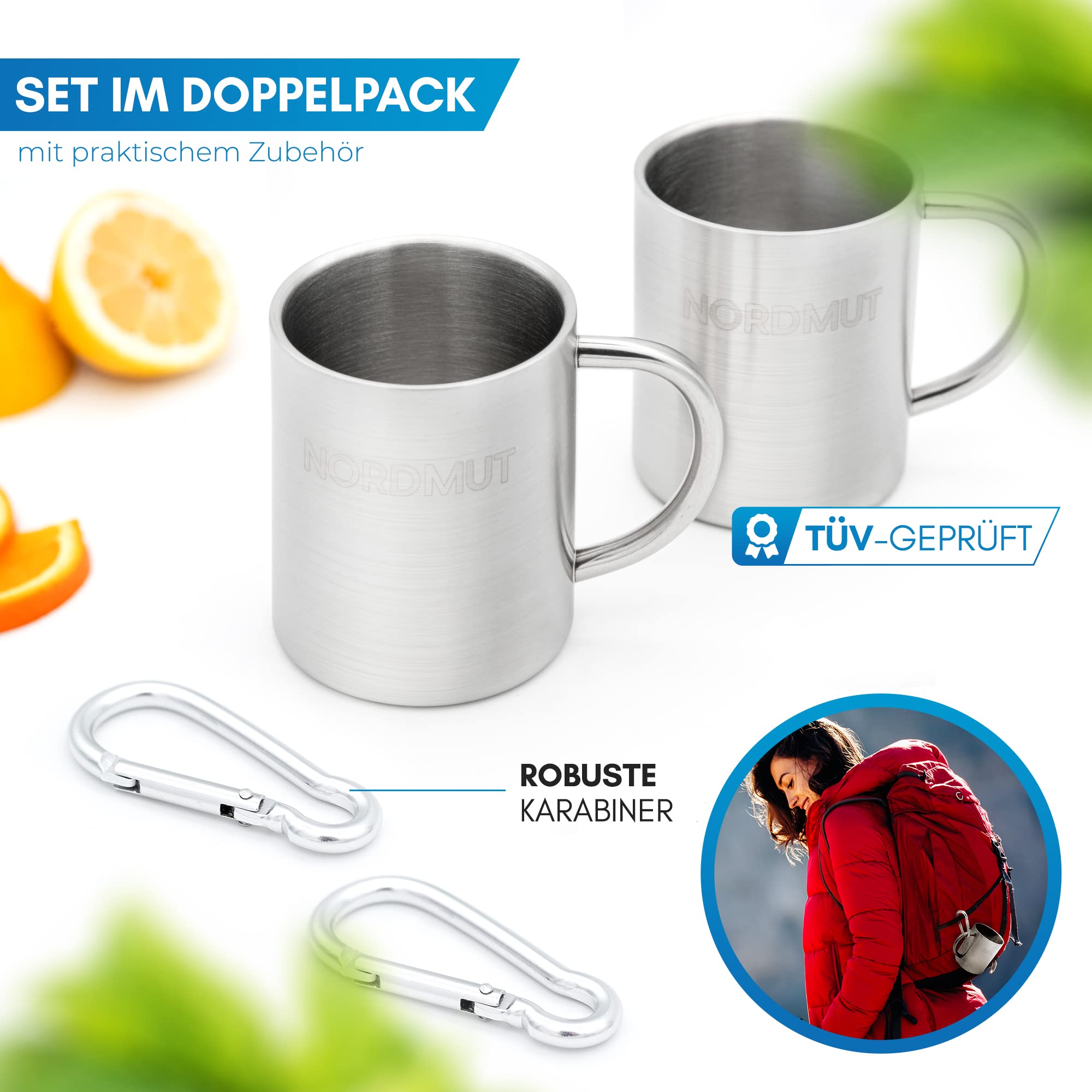 NORDMUT® Termiczny Kubek ze Stali Nierdzewnej [Zestaw 2 szt.] – Kubek Campingowy | Kubek do Kawy Podwójnie Izolowany i Bez BPA | Zestaw Kubków do Campingu i Outdoor [2 × 300 ml]