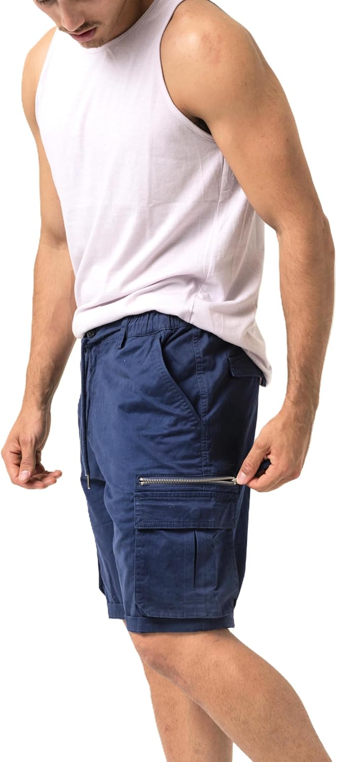Mens Cargo Shorts | Stretch Twill, Elastic Waist & Drawstring, 8 Utility Pockets (2 Zippered), Casual Outdoor & Work