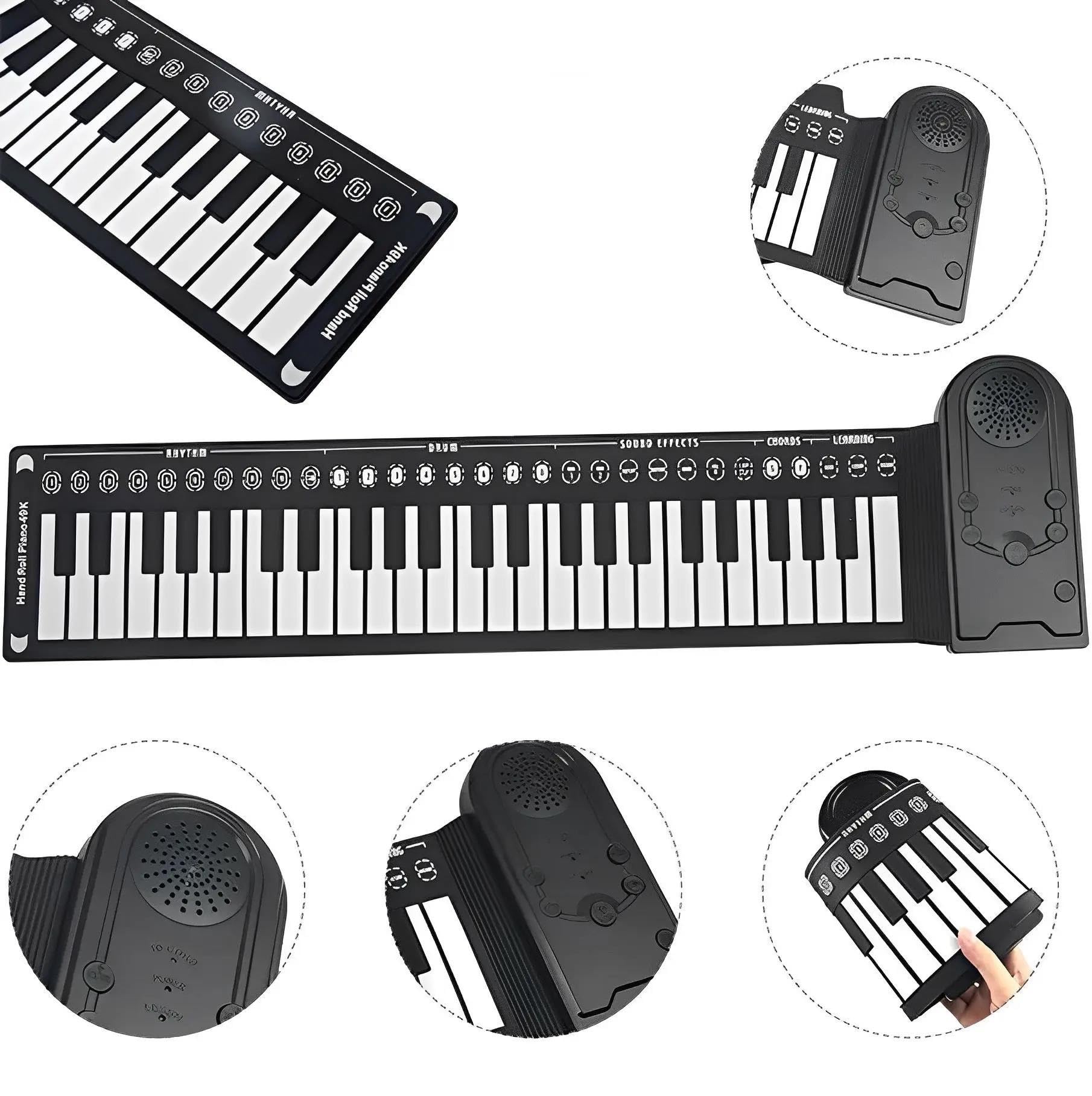 Pianino Elektroniczne 49 Klawiszowy Elektroniczny Fortepian Zwijany Silikonowy Przenośny Instrument Muzyczny Składany Dla Początkujących(Silver)
