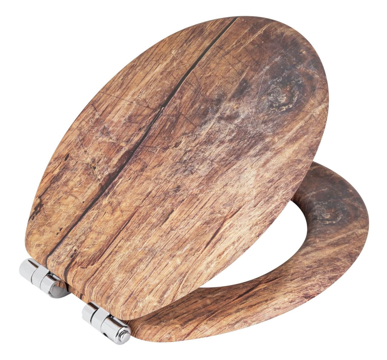 WENKO Asiento de WC Rustic, asiento de inodoro de fibras de madera con certificación FSC con Easy-Close y Fix-Clip, 35,5 x 42,5 cm, laminado y resistente a la humedad, efecto madera en marrón