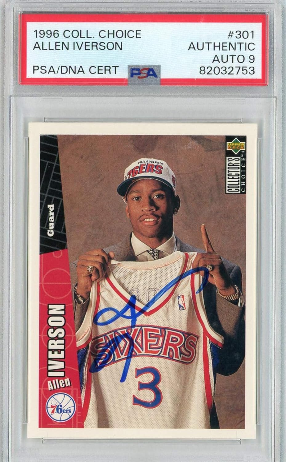 Graded 1996 Upper Deck UD Collector's Choice Allen Iverson #301 Rookie RC Basketball Card PSA 9 Auto Grade Mint