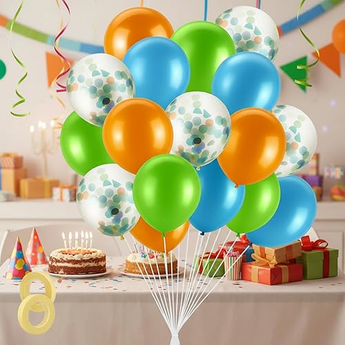 Miniatura 4 de Gejoy 60 globos de fiesta de dinosaurio de 12 pulgadas, globos de látex verde fruta, azul y naranja, con confeti para arco de guirnalda de