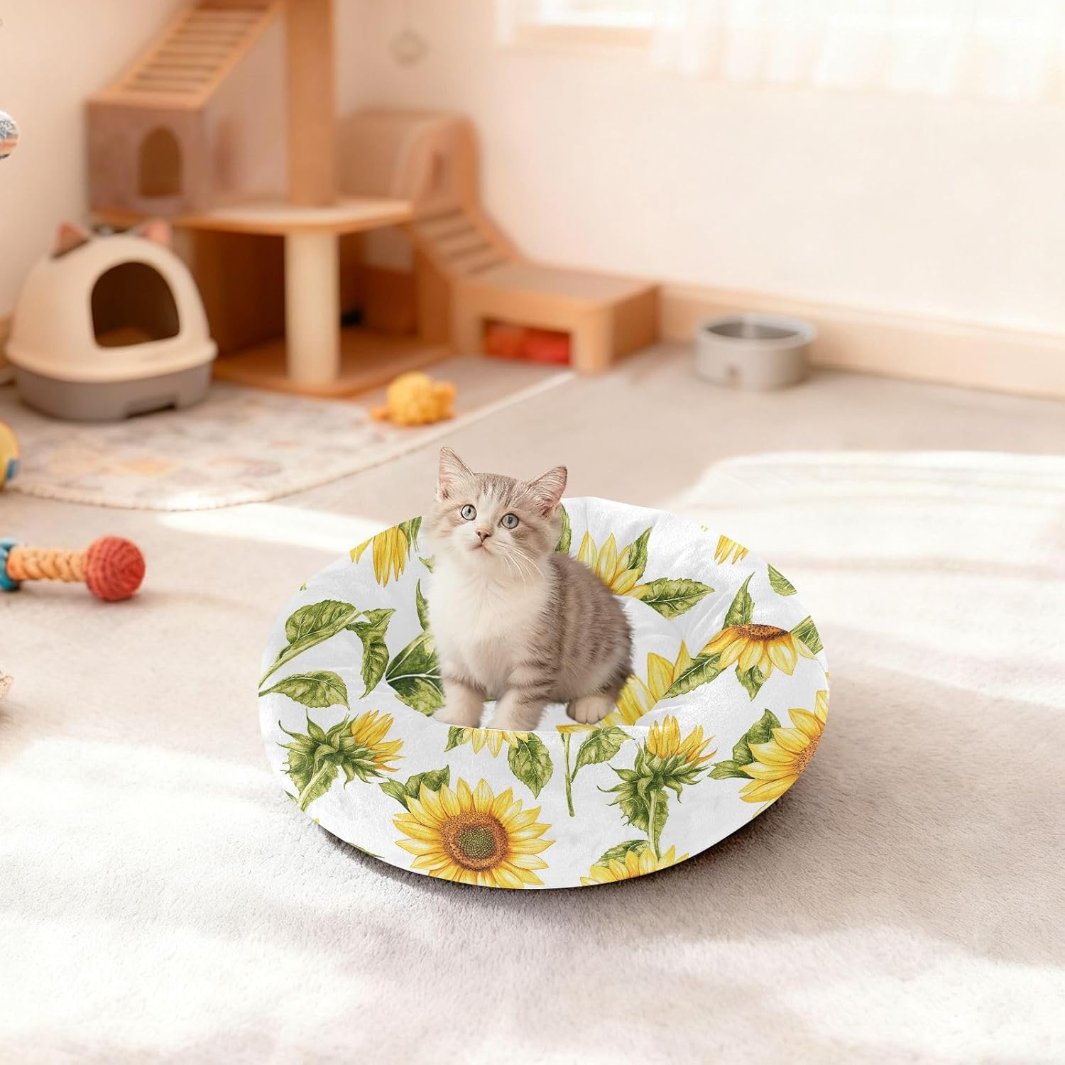 Wudan Pet Cat Bed Relieve Stress Fluffy Dog Pillow Bed for Small Size Pets Sleeping M Retro Sunflower White
