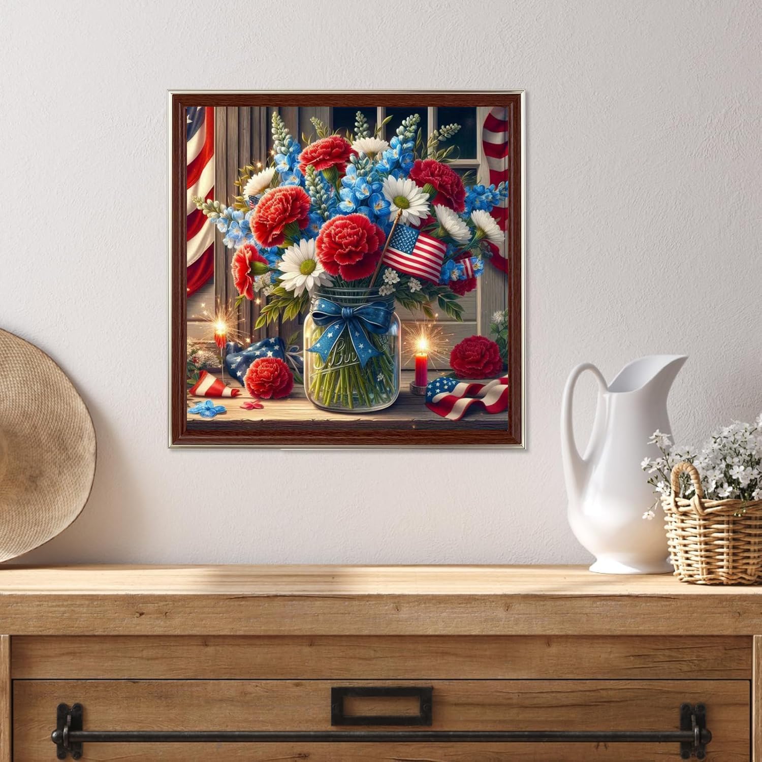 wavaiov 5D Diamond Painting Kits for Adults Beginners, American Flag Flower Full Round Drill Diamond Art Kits, Independence Day Gem Art Paint by Diamonds Dots Crafts Kits for Home Decor 12x12Inch
