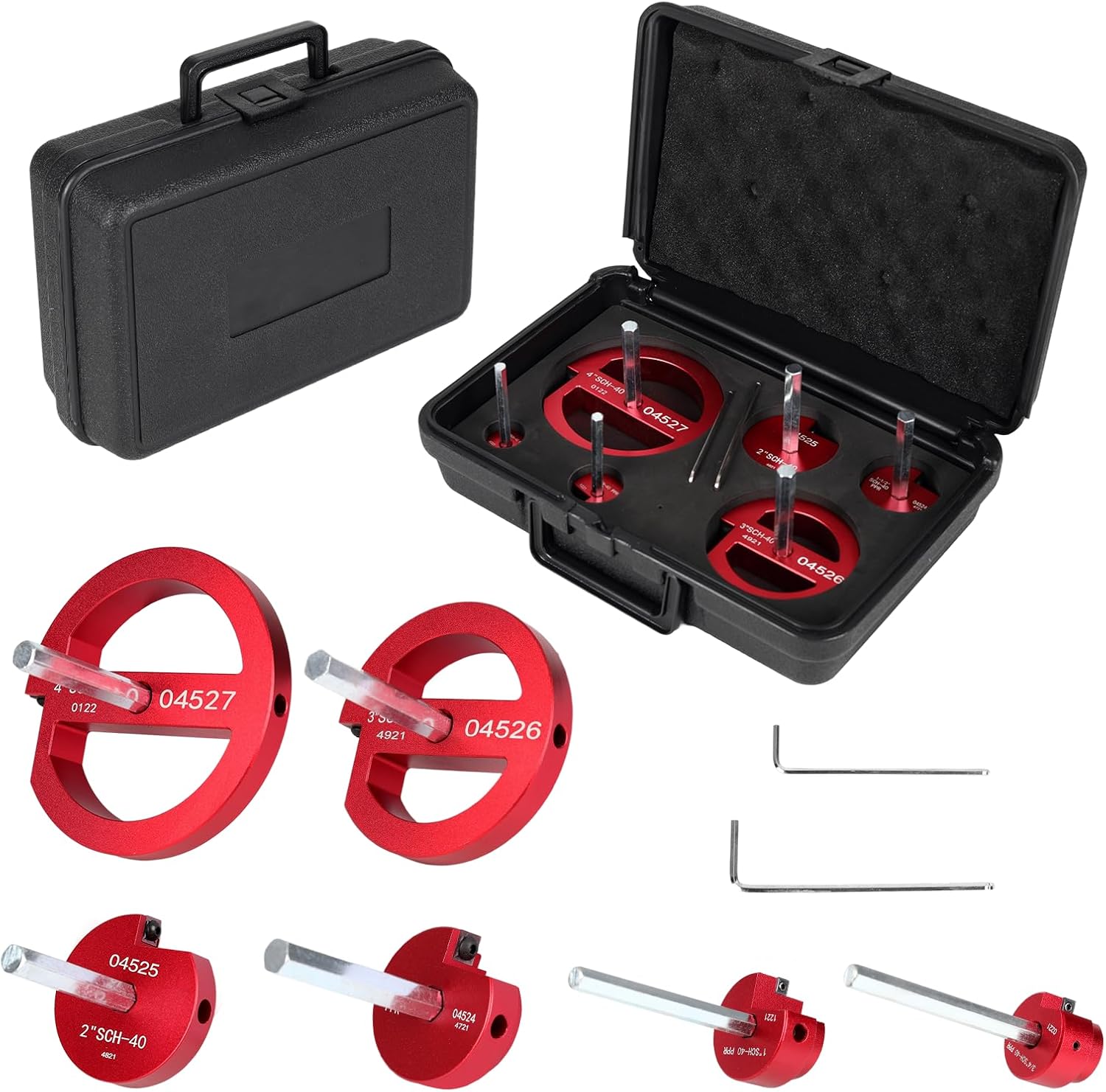 6-Pcs PVC Pipe Reamer Set with 2 Carbide Square Cutting Blades Sizes: , 3/4”, 1“, 1-1/2“, 2”, 3“, 4” Aluminum Cutting Head For PVC, CPVC, or ABS Piping (Red)