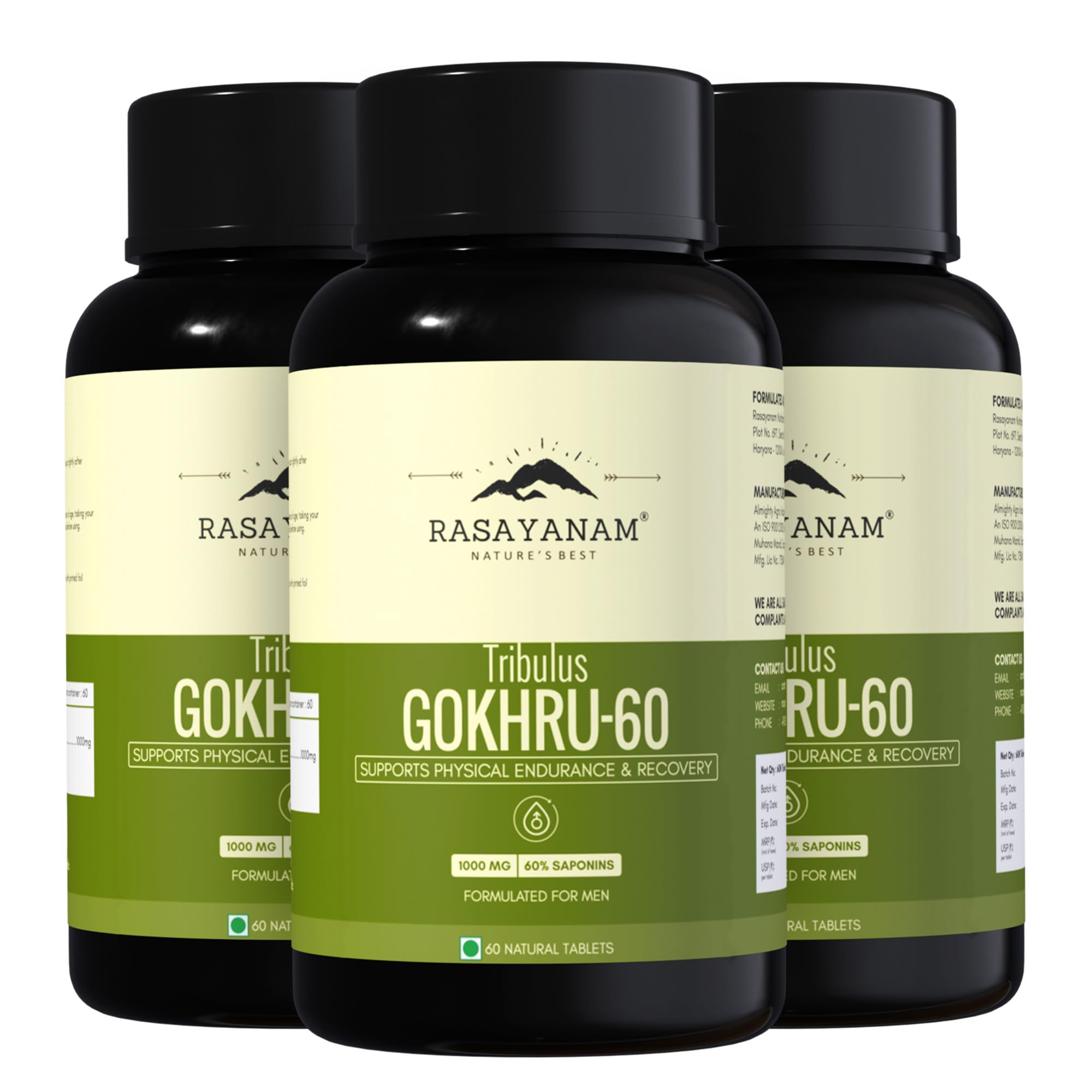 Rasayanam Gokshura Tablets 1000mg Gokhru per Serving, Highest Saponins 60%, Tribulus Terrestris for Men | Improves Energy, Muscle Strength, Stamina & Supports Recovery - Pack of 3