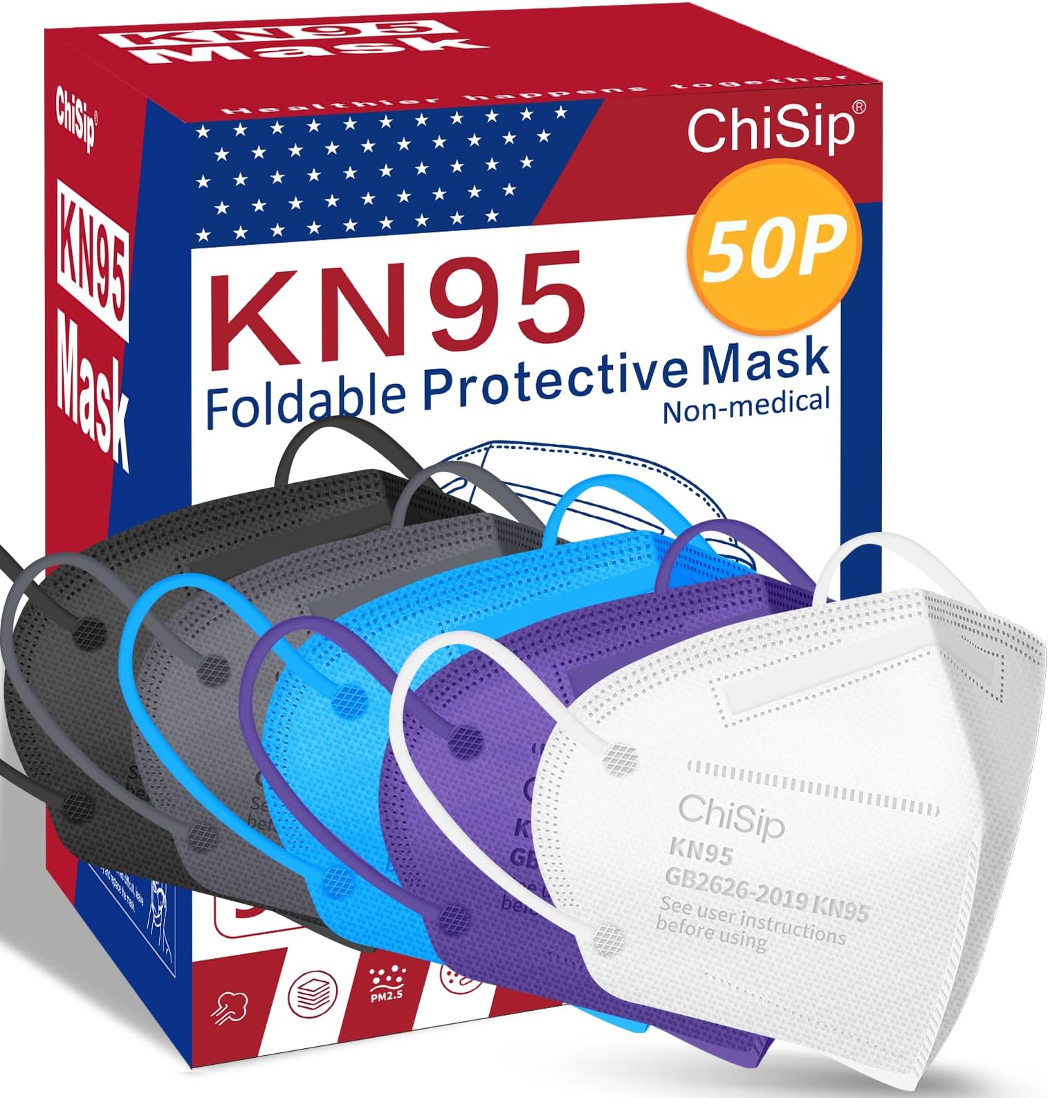 ChiSip KN95 Face Mask 50Pcs, 5 Layer Design Cup Dust Safety Masks, Multicolored Mask, Breathable Protection Masks Against PM2.5 Dust Bulk for Adult, Men, Women, Indoor, Outdoor Use