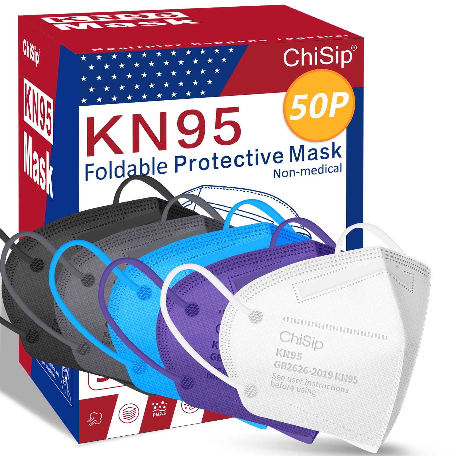 ChiSip KN95 Face Mask 50Pcs, 5 Layer Design Cup Dust Safety Masks, Multicolored Mask, Breathable Protection Masks Against PM2.5 Dust Bulk for Adult, Men, Women, Indoor, Outdoor Use