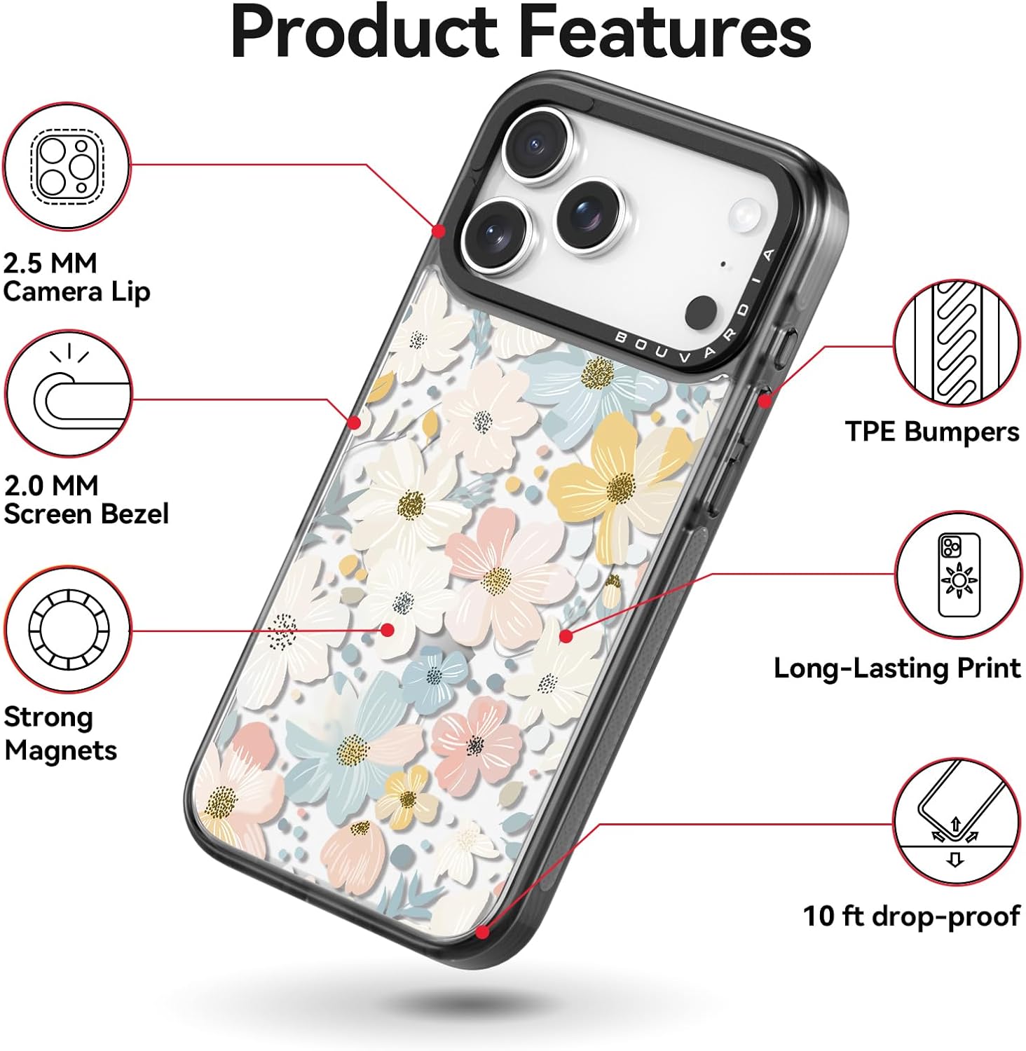 Bouvardia for iPhone 17 Pro Max Case, Compatible with Magsafe, Cute Design for Women & Girls, Protective & Aesthetic, Floral Theme - Flowers Blossoming (Gray Bumper)